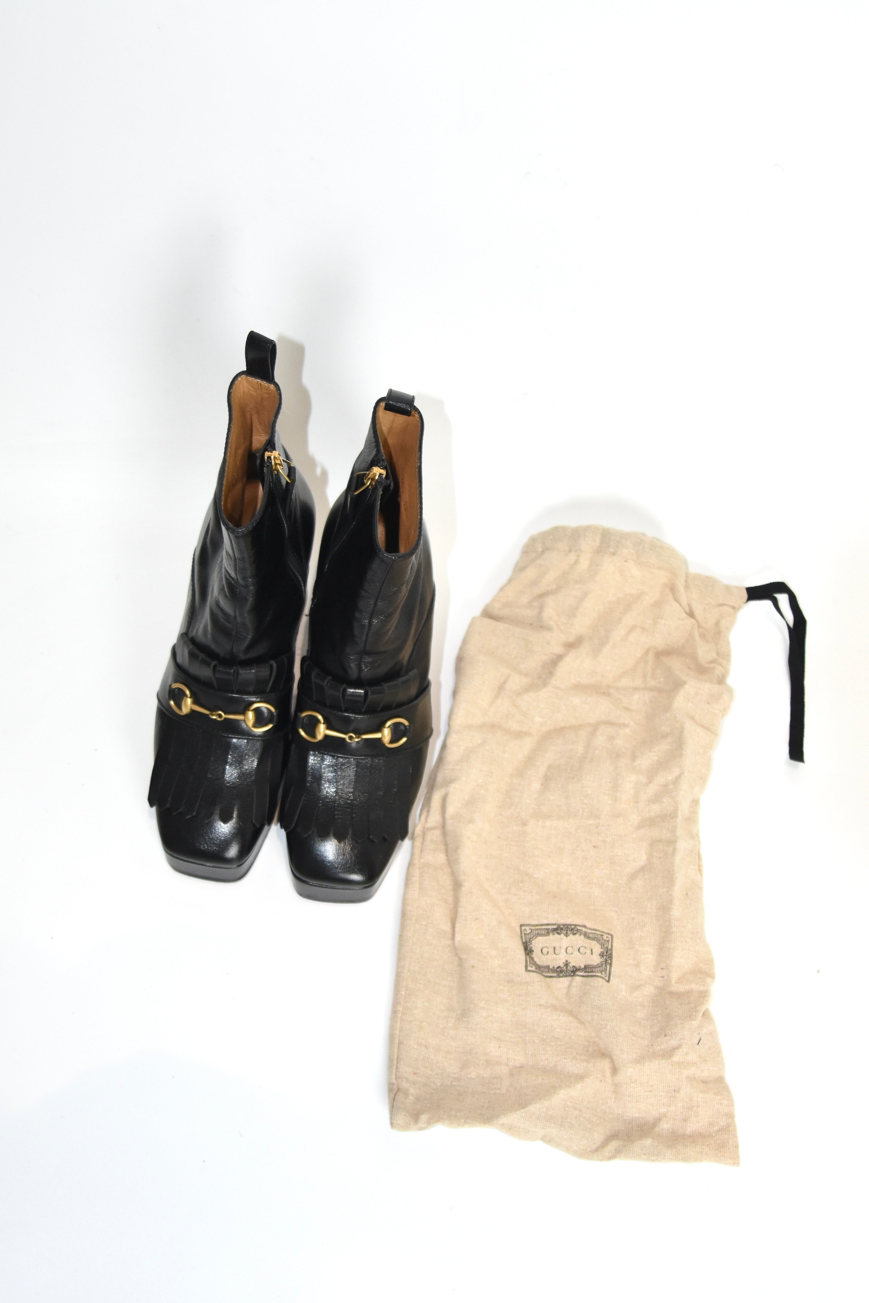 GUCCI Black Leather Platform Fringe Horsebit Boots