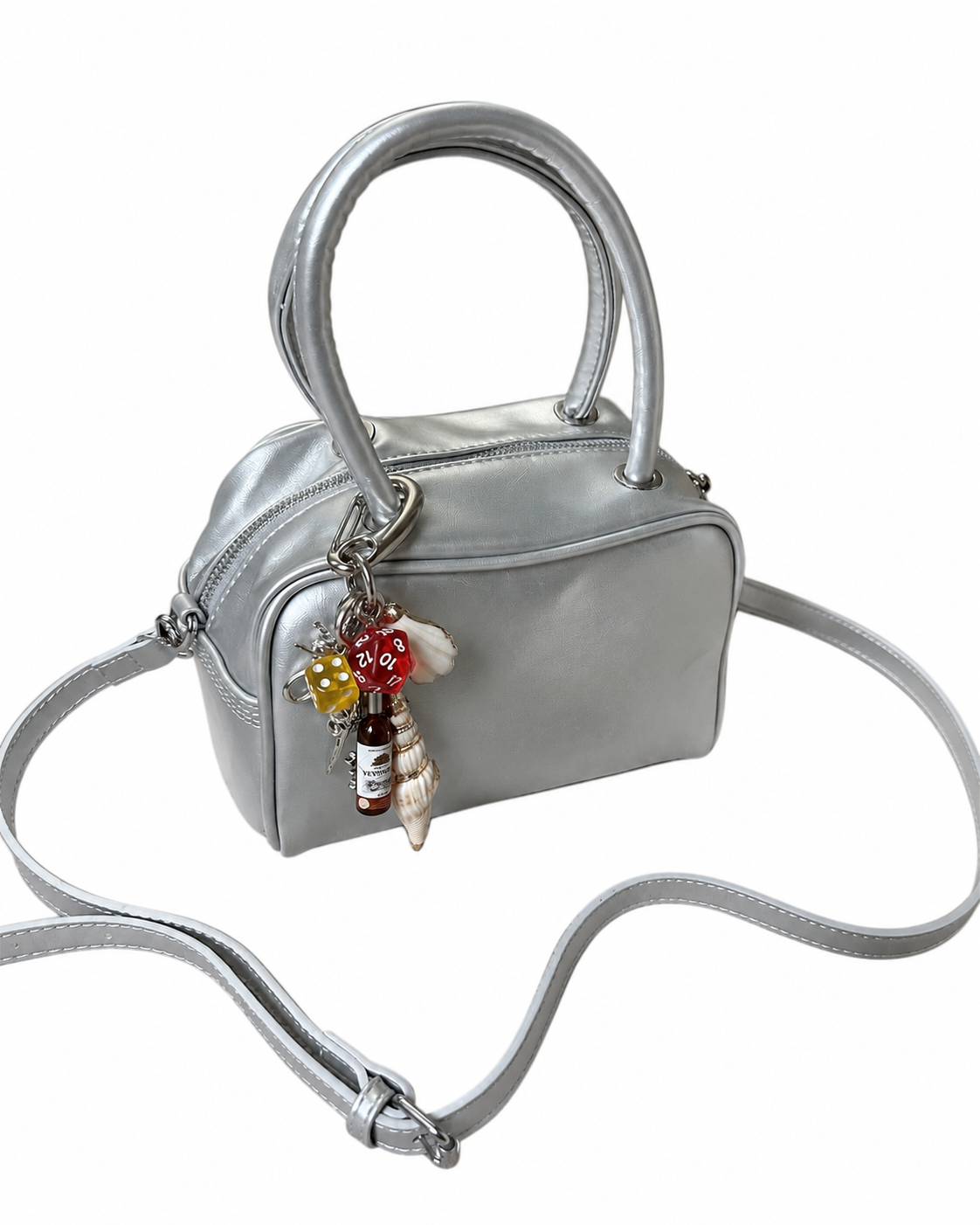 Silver Korean-Style Top Handle & Crossbody Bag with Handmade Seashell & Conch Wine Bottle Keychain Charm Set