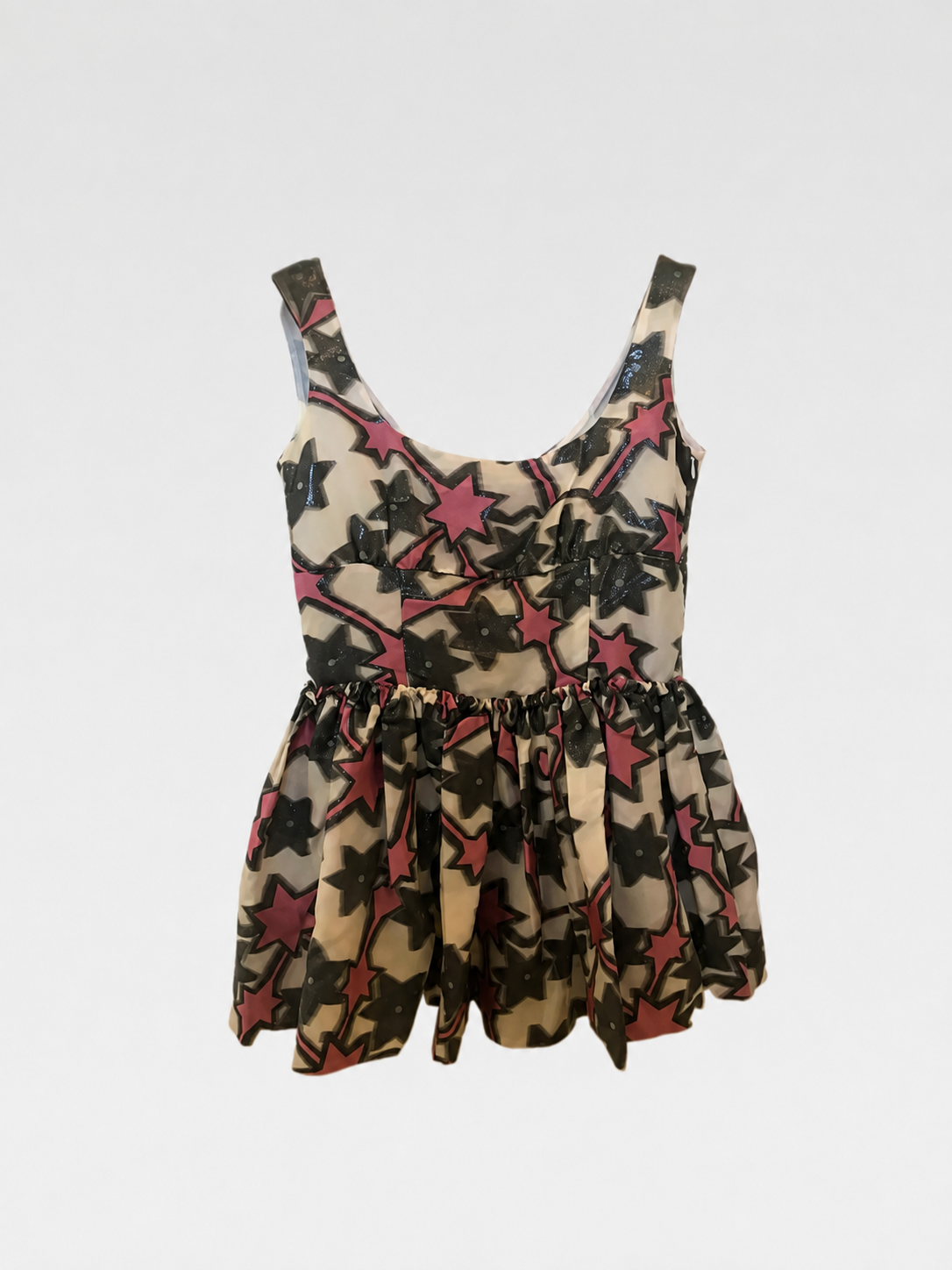 Miu Miu Star Print Sheer Mesh Runway Top – Glitter Cosmic Graphic Babydoll Vest