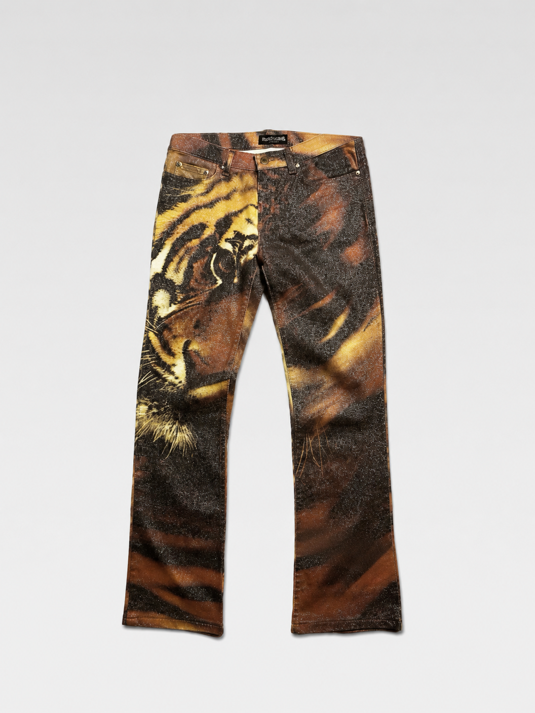 Roberto Cavalli 2001 Runway Tiger Print Low-Rise Glitter Denim Jeans – Y2K Archive Rare Piece (Made in Italy)
