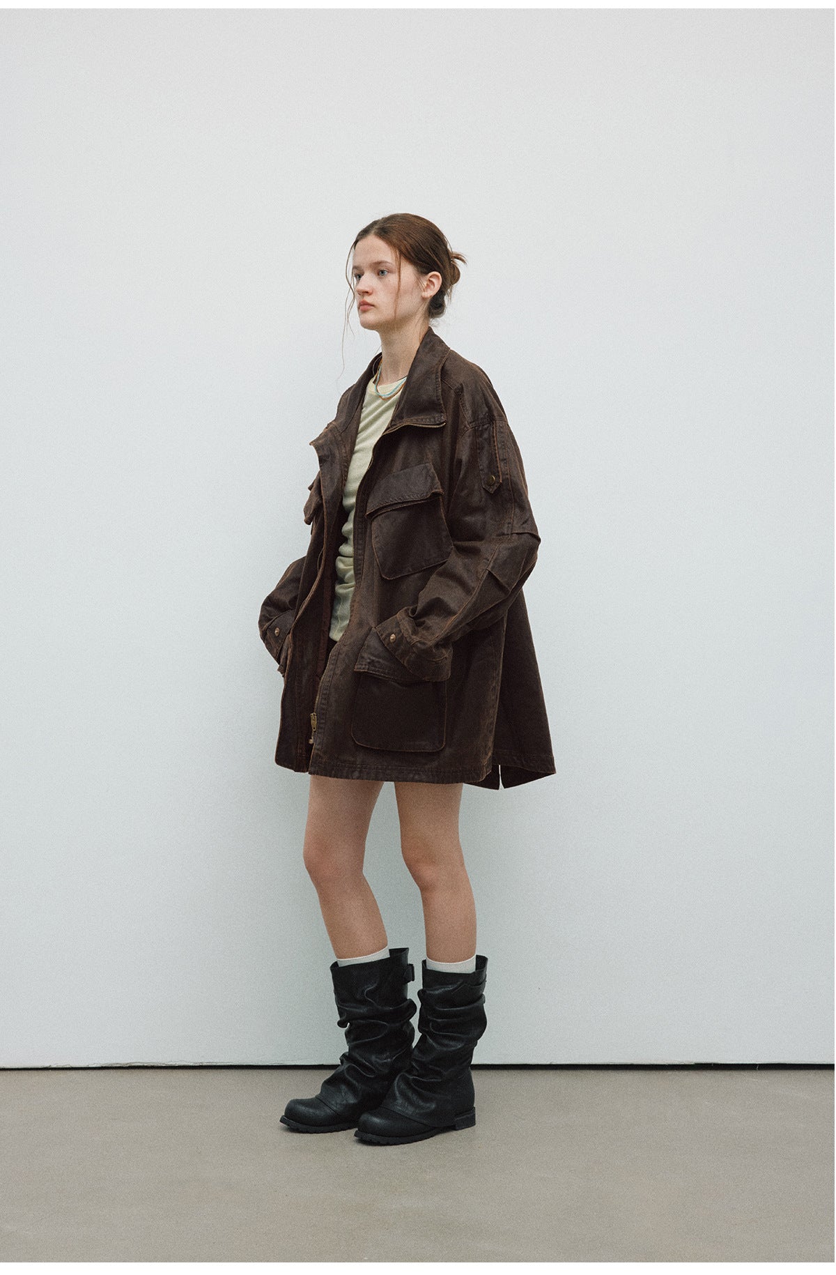 Spring New Casual Turn-Down Collar Vintage Distressed Multi-Pocket Versatile Long Jacket Coat