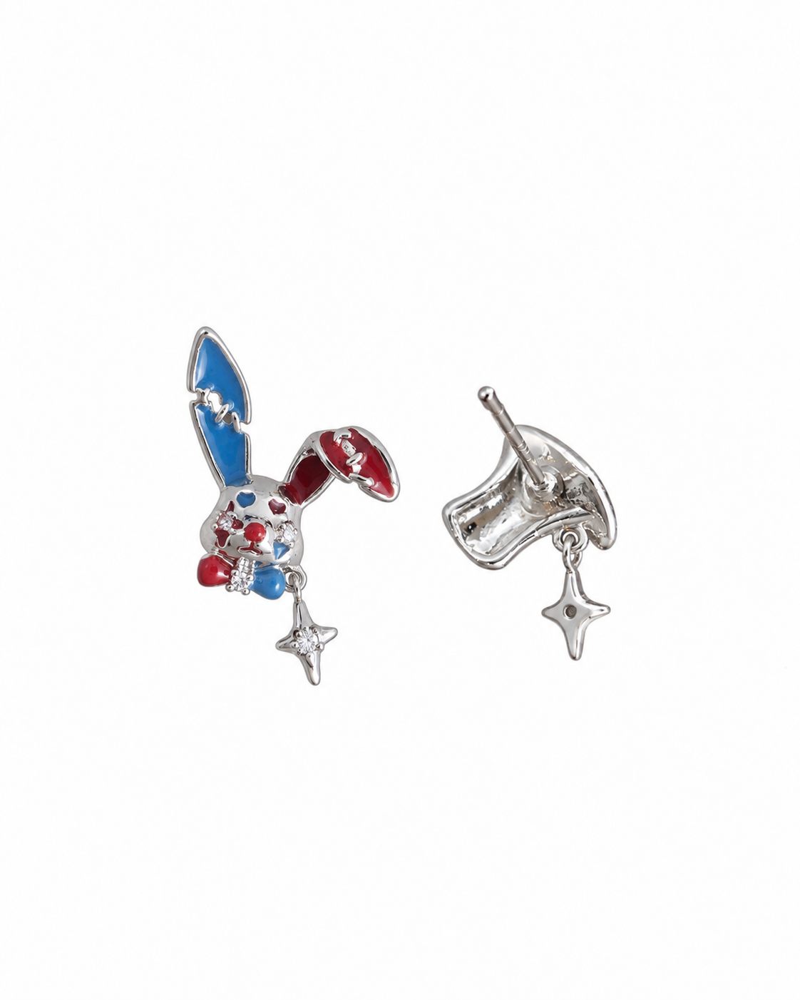 Mrois Original Design “Mad Hatter” Enamel Rabbit Earrings – Red & Blue Contrast Zircon S925 Silver Stud / Clip-On