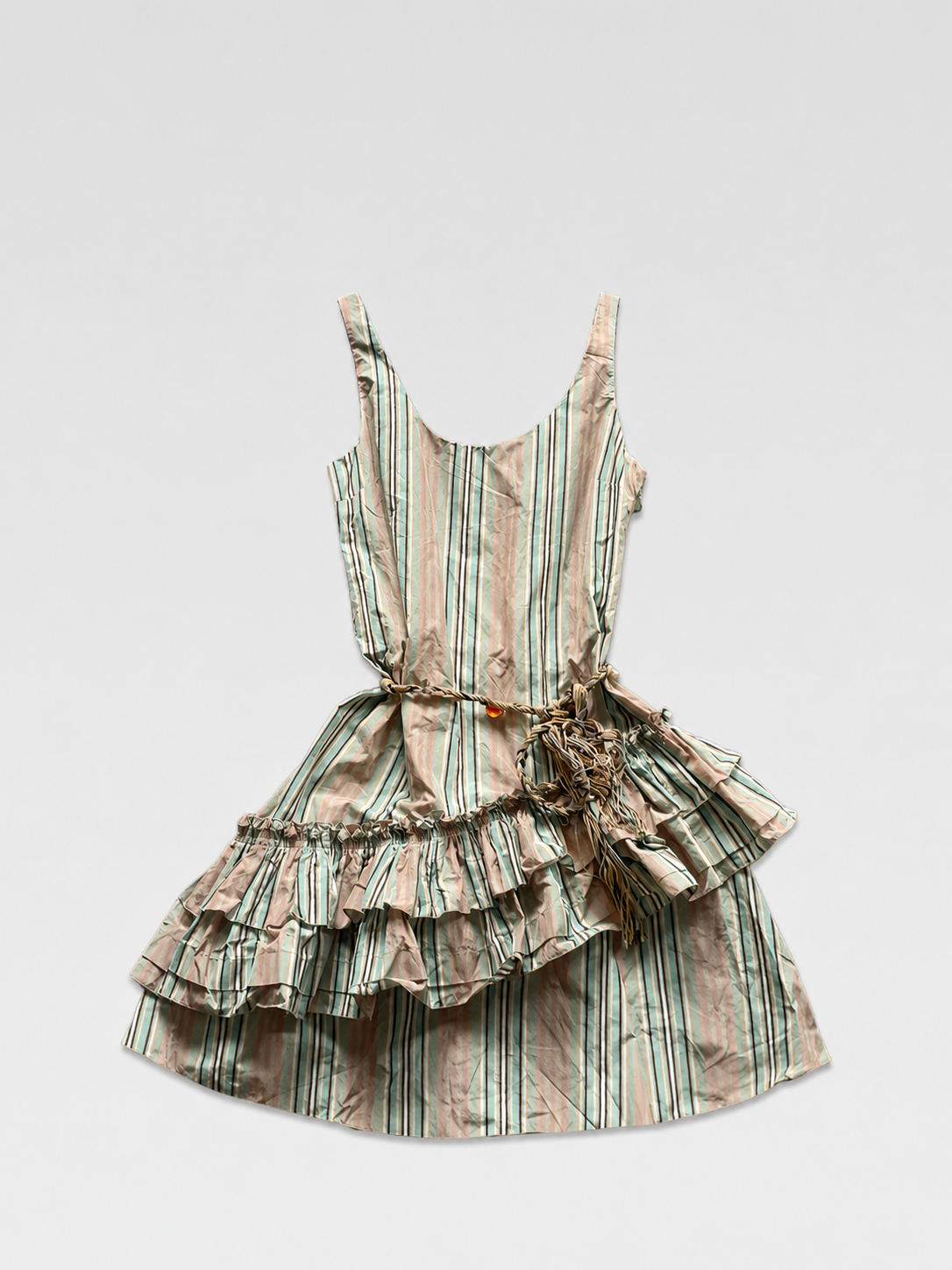 John Galliano New with Tags Pastel Stripe Ruffle Mini Dress with Rope Belt