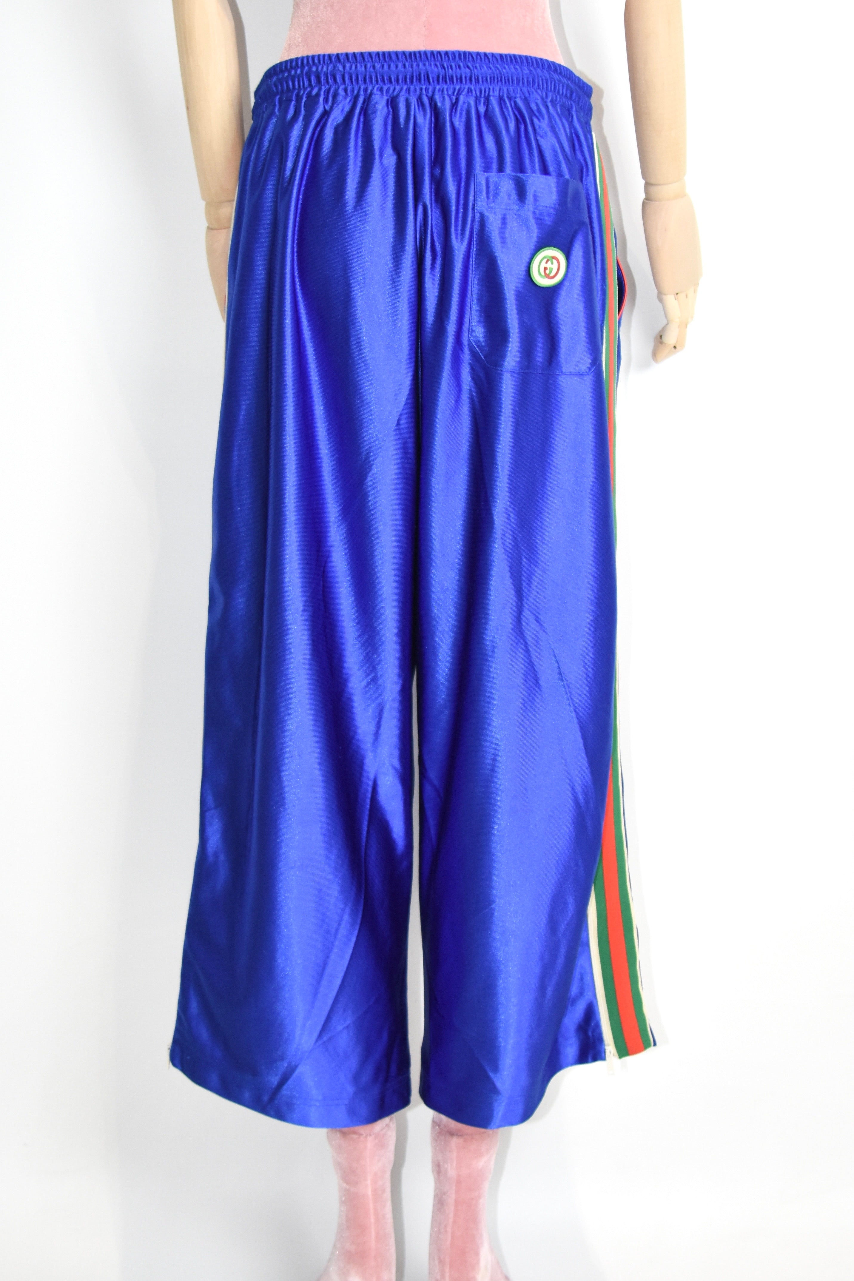 Gucci Blue Satin Track Pants with Web Stripe – Alessandro Michele Era Silk-Look Jogger Trousers