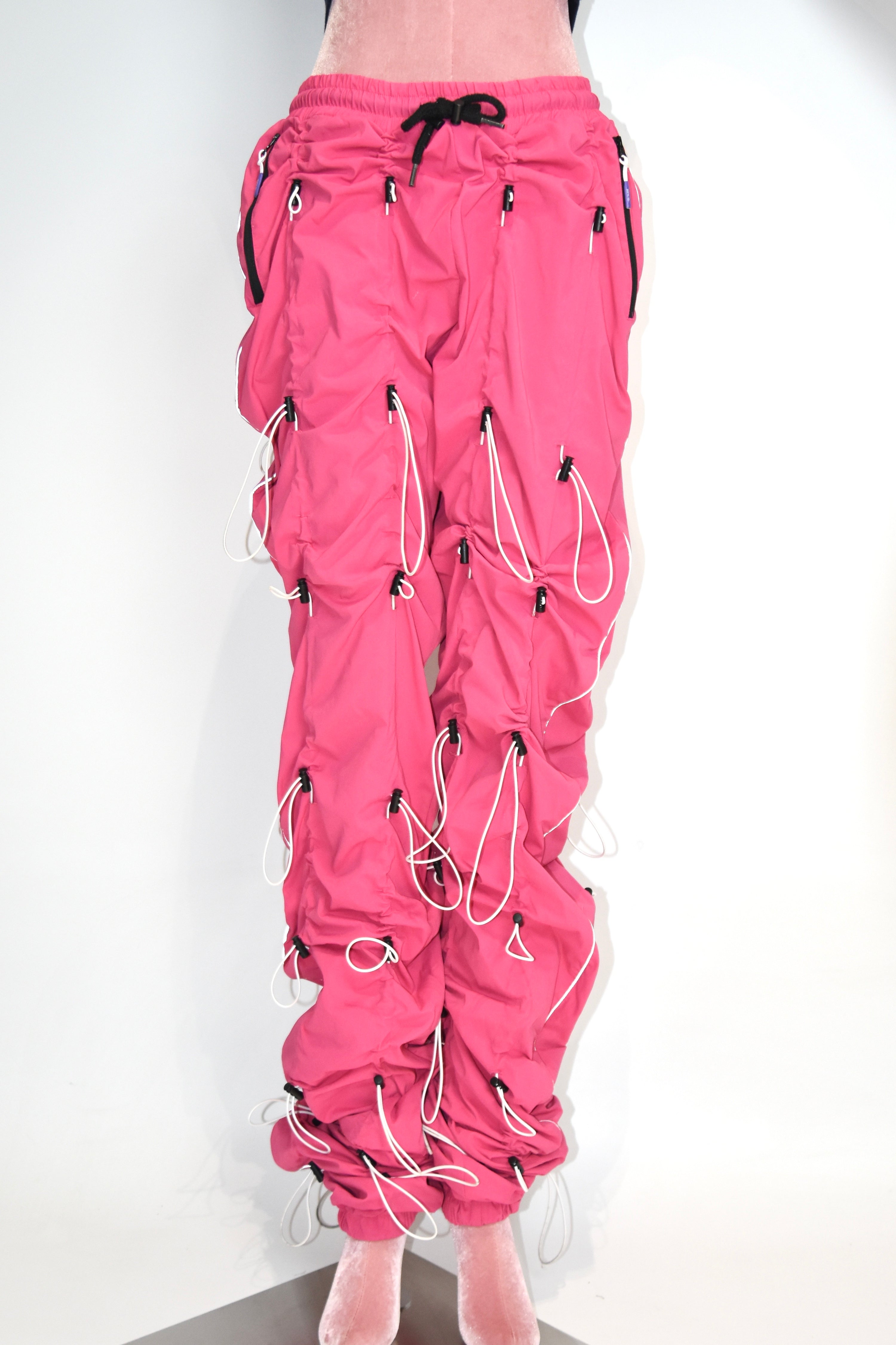 99%IS “Drawcord Ruched” Hot Pink Nylon Punk-Tech Pants – Unisex Korean Streetwear Archive Piece