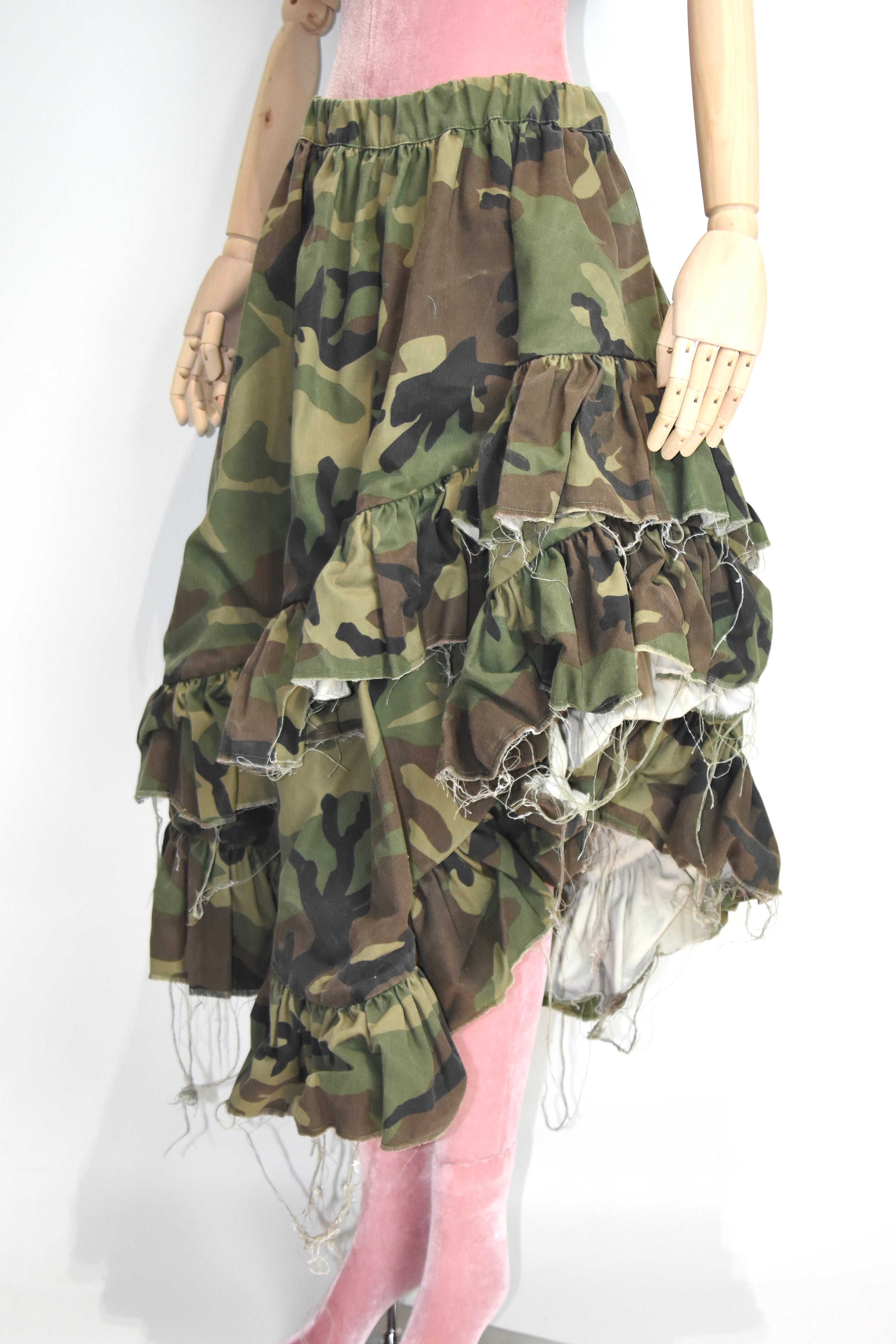Vaquera Camouflage Ruffle Deconstructed Skirt – Asymmetric Frayed Hem, Made in USA, Elastic Waist (Fits S–M)