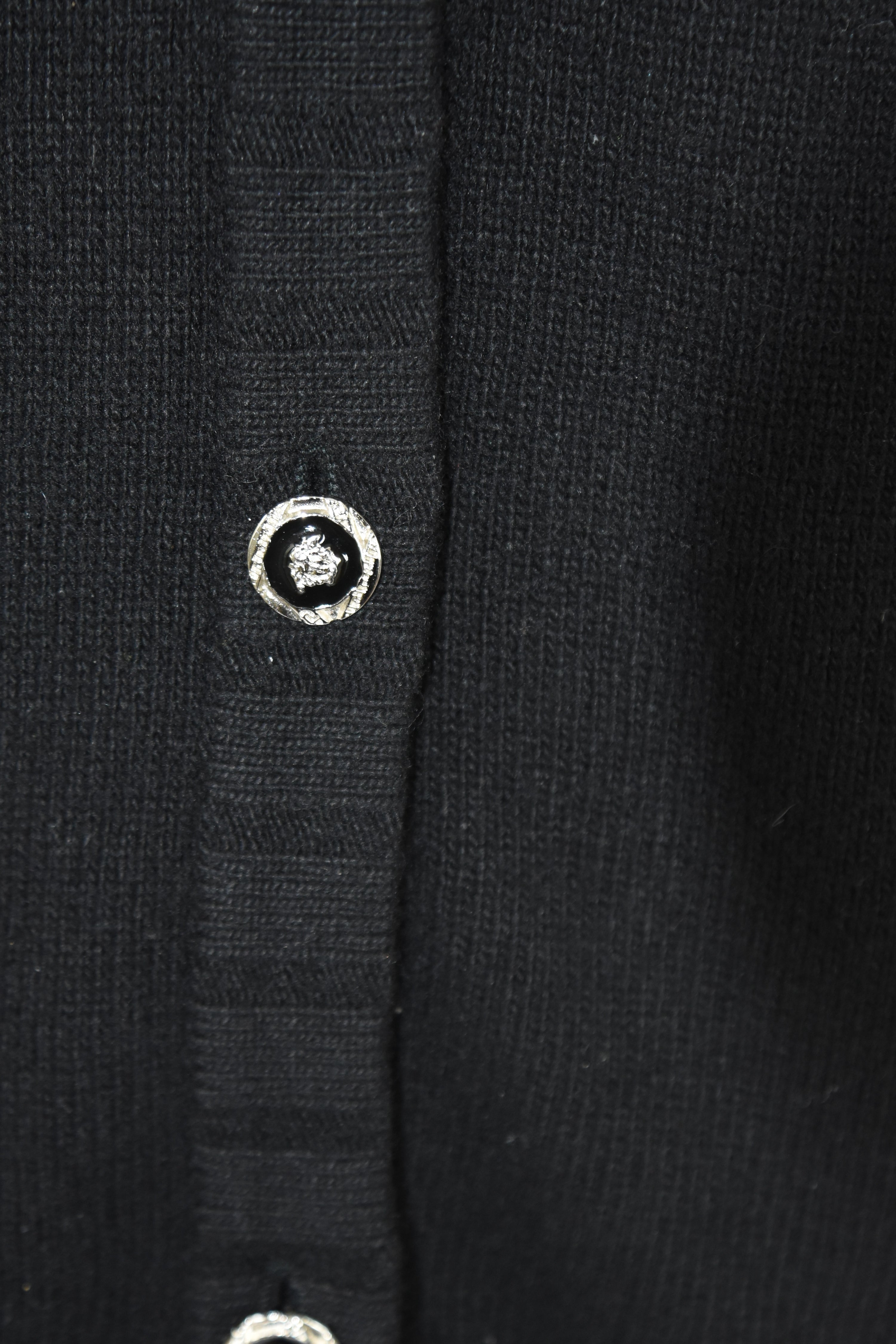 Gianni Versace “Versatile” Vintage Cashmere Knit Cardigan – Black, Silver Logo Buttons, Made in Italy (Fits S–M)