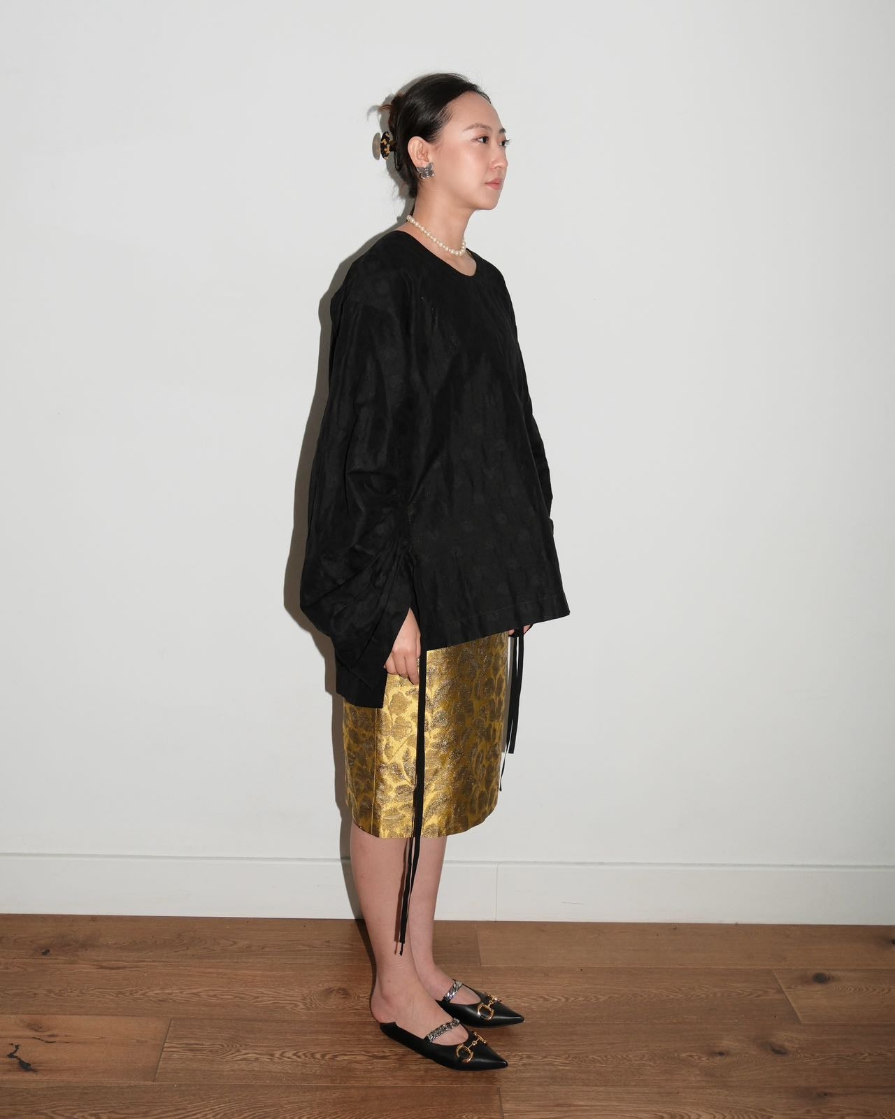 UMA WANG “TOIVO” Black Ruched Sleeve Top