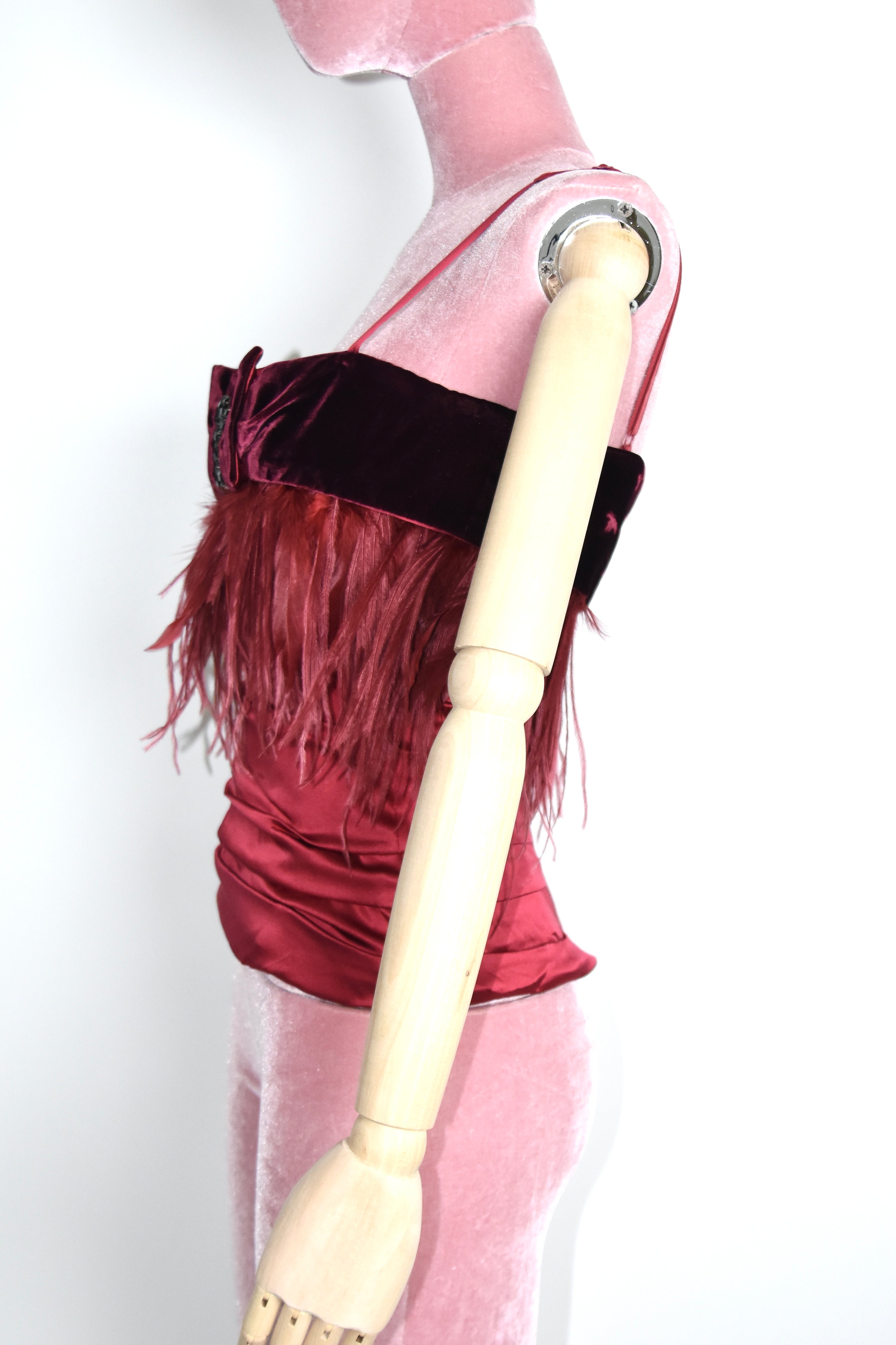 Dolce & Gabbana F/W 2002 Burgundy Velvet Ostrich Feather Corset