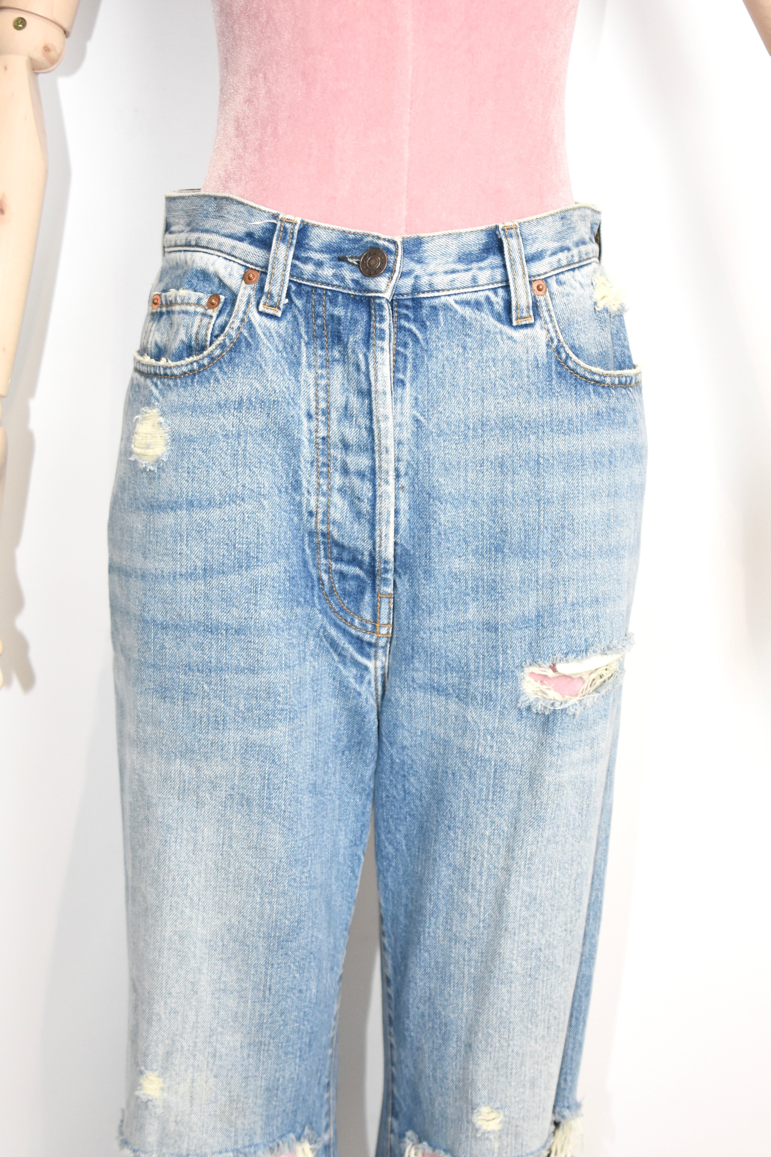 Gucci Distressed Flared Denim Jeans – Light Wash High Waist Destroyed Bootcut Pants