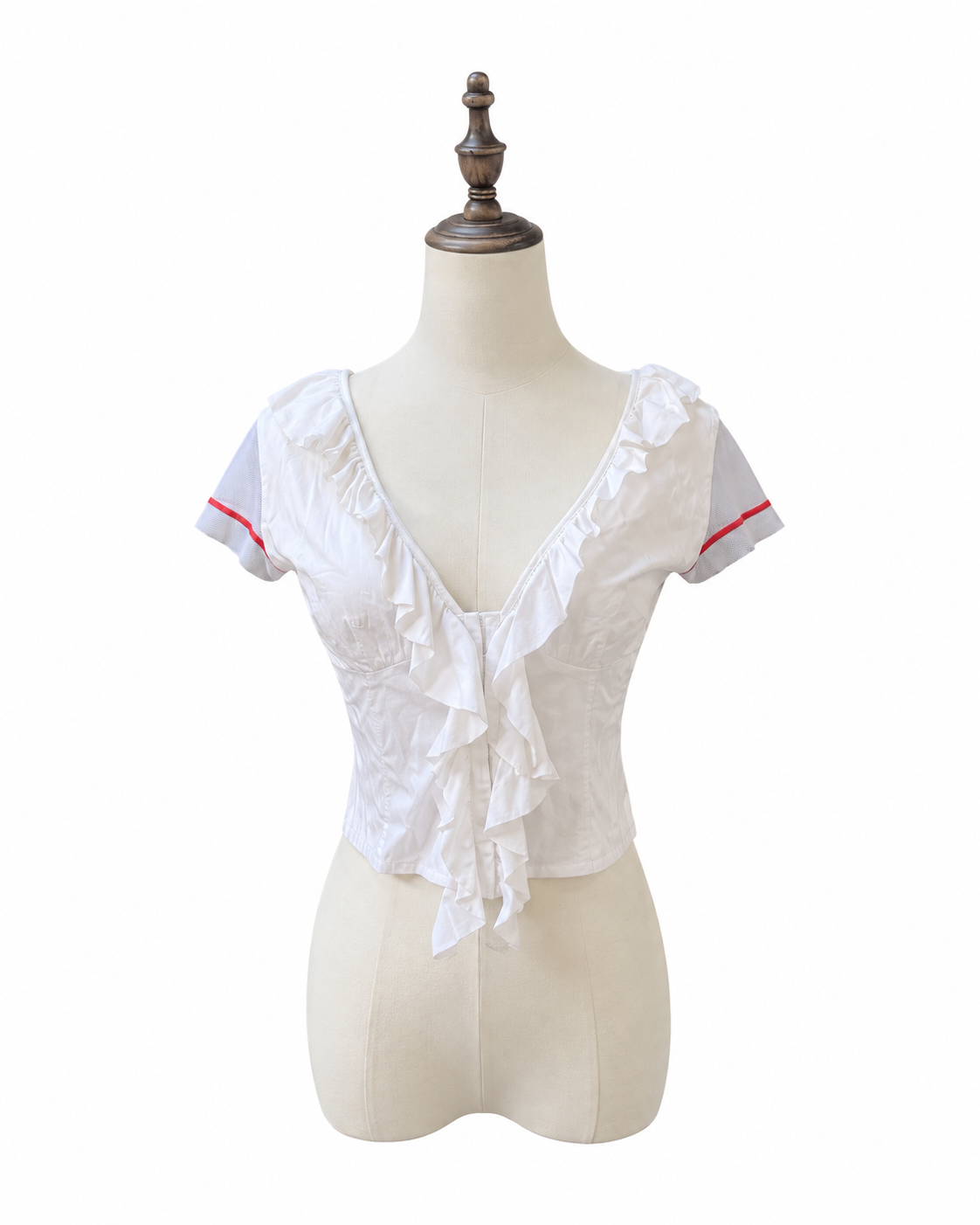 Dolce & Gabbana Vintage Sport Top – White Ruffle V-Neck T-Shirt with Embroidered Back Detail