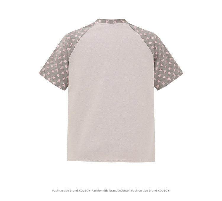 Light Brown Cartoon Print Pink Stars Short Sleeve Unisex Summer T-shirt