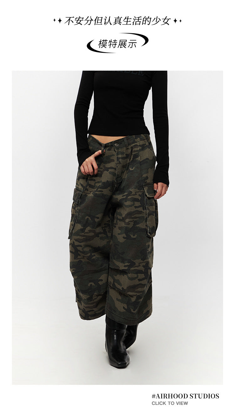 Retro Loose Camouflage Capri Pants American Style Casual Jeans for Men and Women High Street