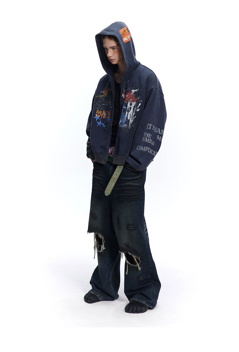 Street hip-hop graffiti sweatshirt for men and women, spring and autumn season oversize Trendy Hooded Cardigan Jacket