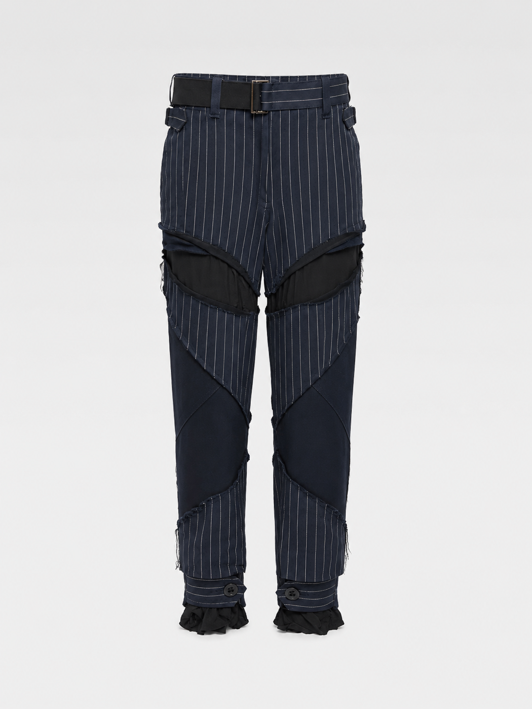 SACAI Hybrid Pinstripe Panel Deconstructed Pants – Model 18-03791 – Size 0 (Runway Construction / Japan Made)