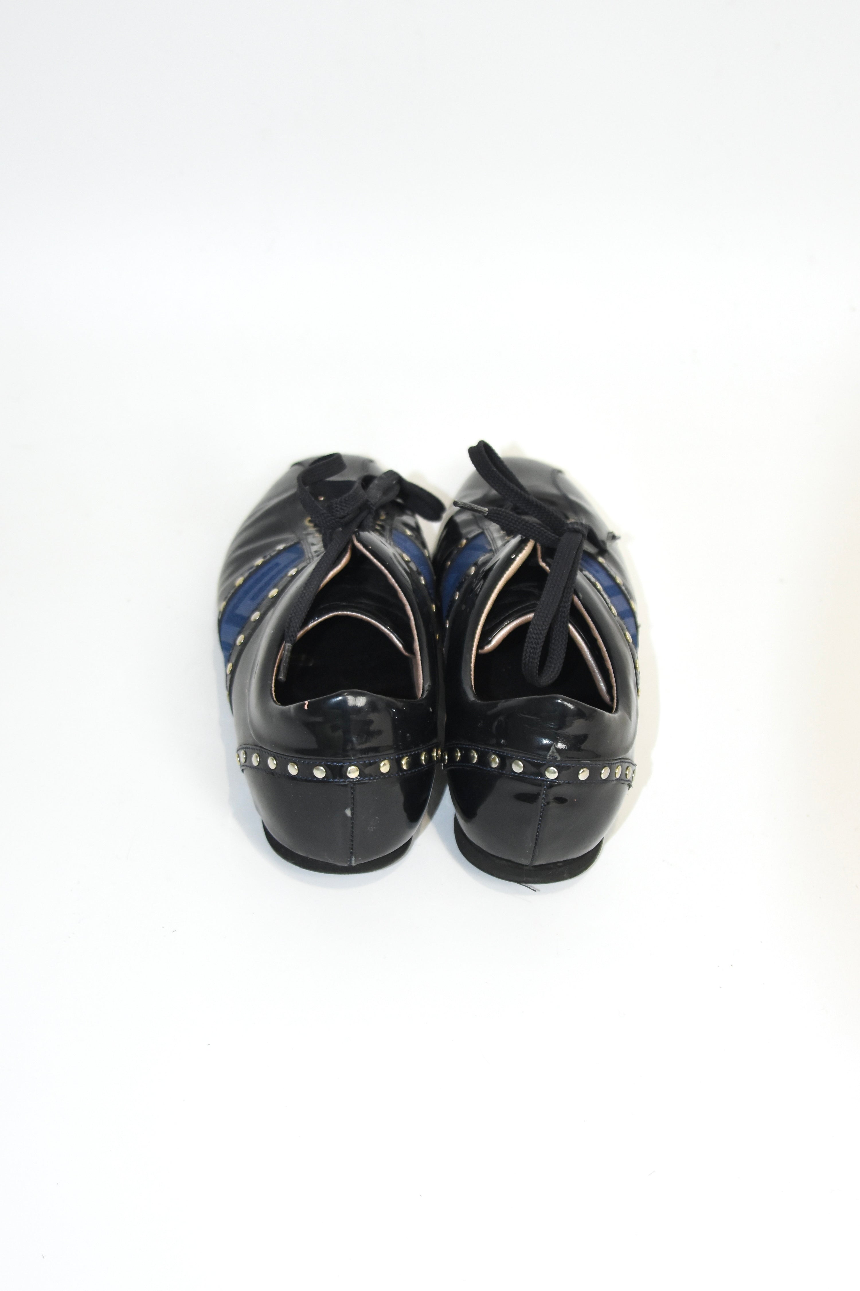 Versace Patent Leather Studded Lace-Up Sneakers – Size 37 (Made in Italy / Blue Greek Key / Archive)