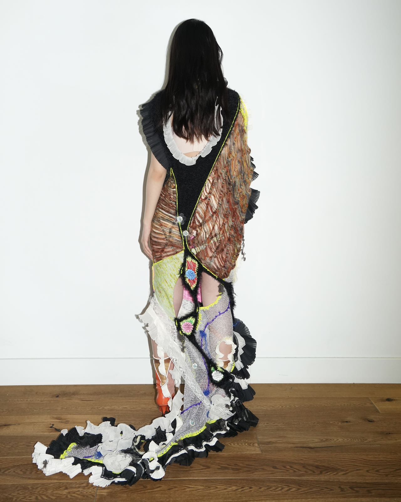 YAONOVA Hand-Knitted Ruffle Dress with Train