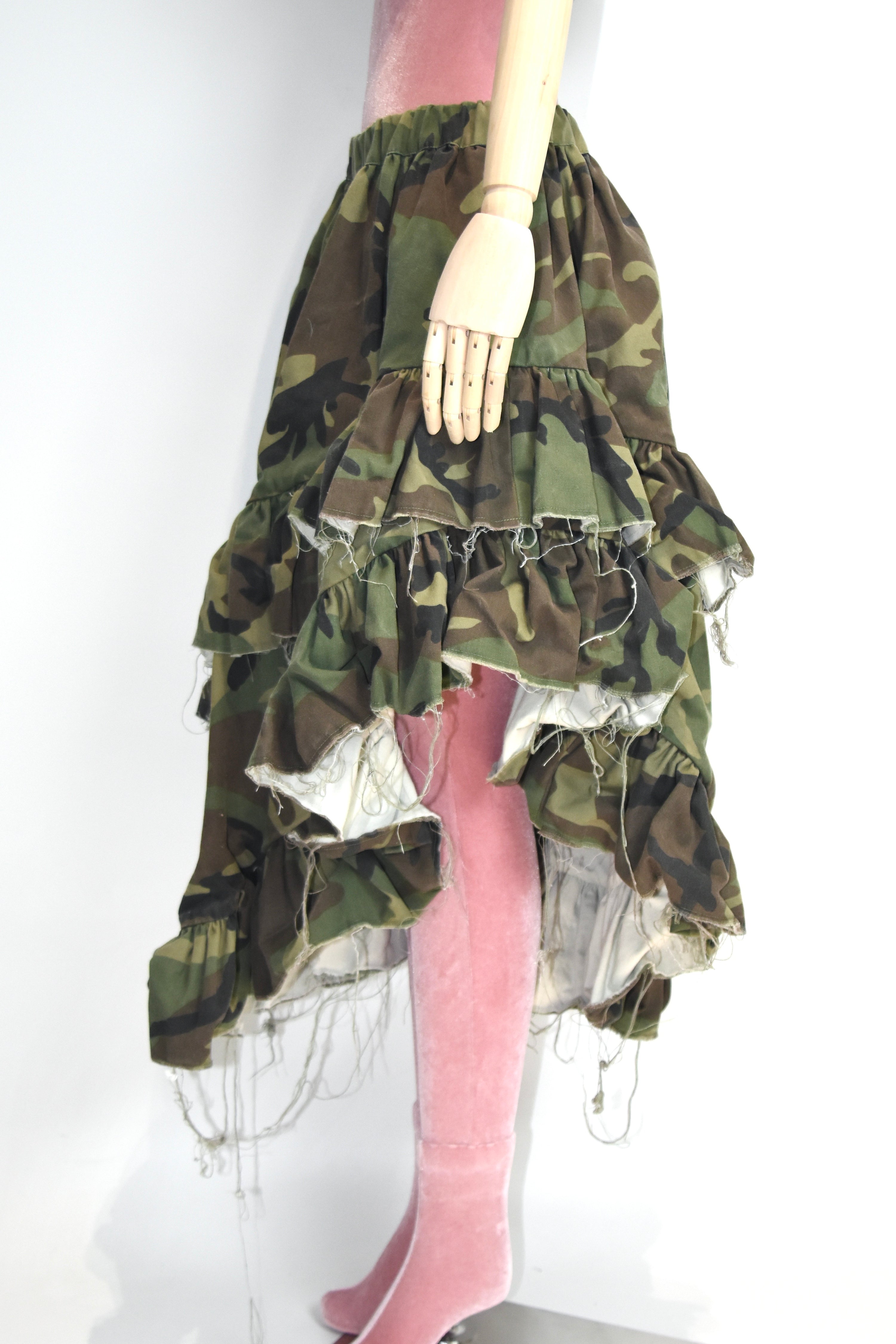 Vaquera Camouflage Ruffle Deconstructed Skirt – Asymmetric Frayed Hem, Made in USA, Elastic Waist (Fits S–M)