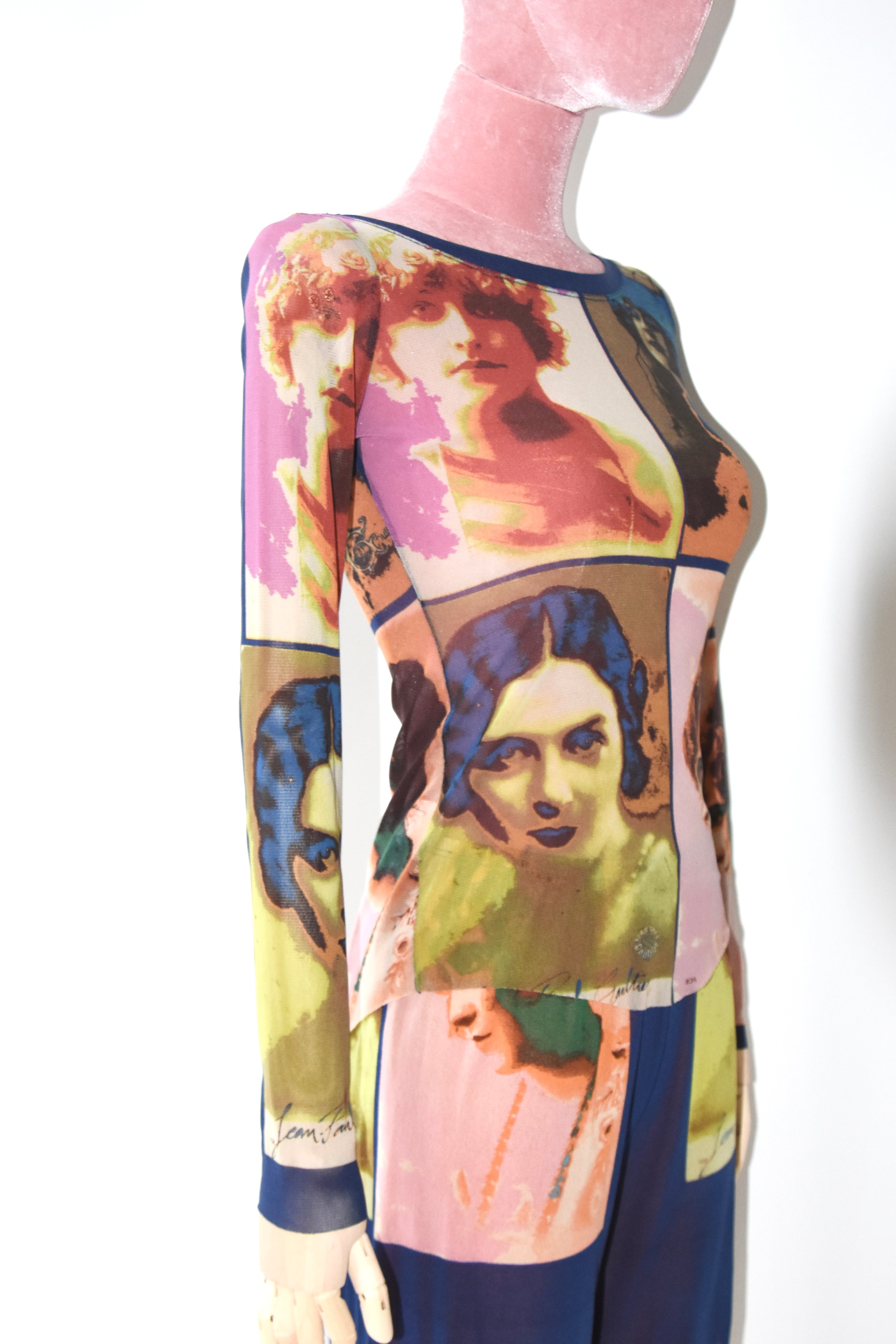 Jean Paul Gaultier S/S 2002 “Portrait Print” Mesh Long Sleeve Top