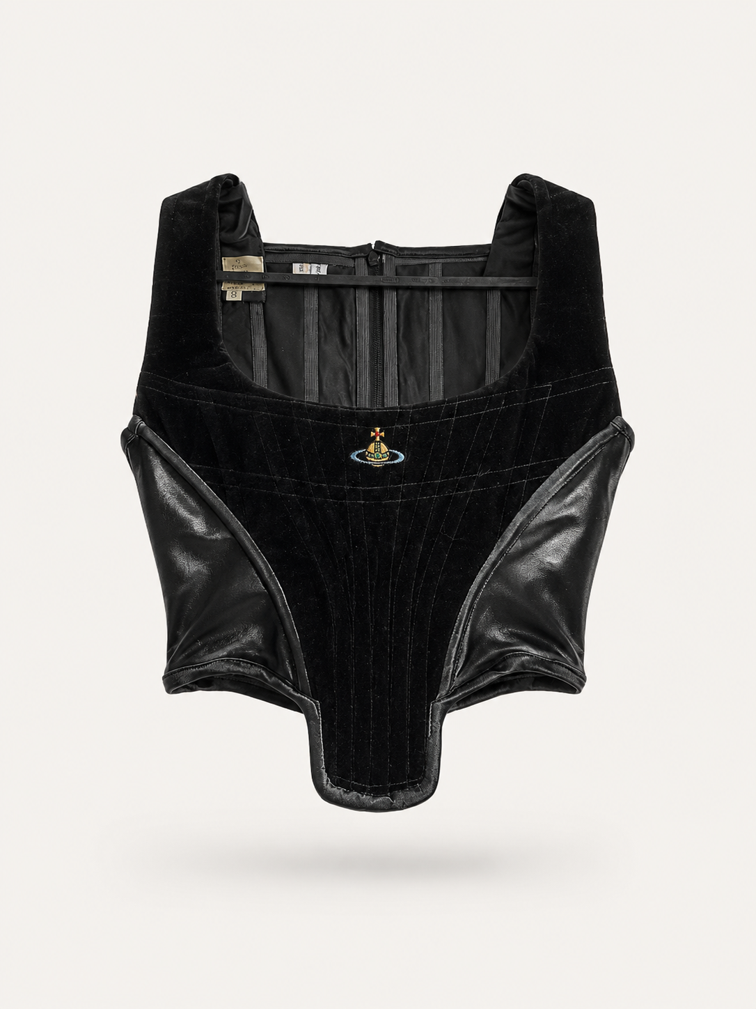 Vivienne Westwood Black Velvet Structured Corset Top – Rare Archive Orb Embroidered Bustier