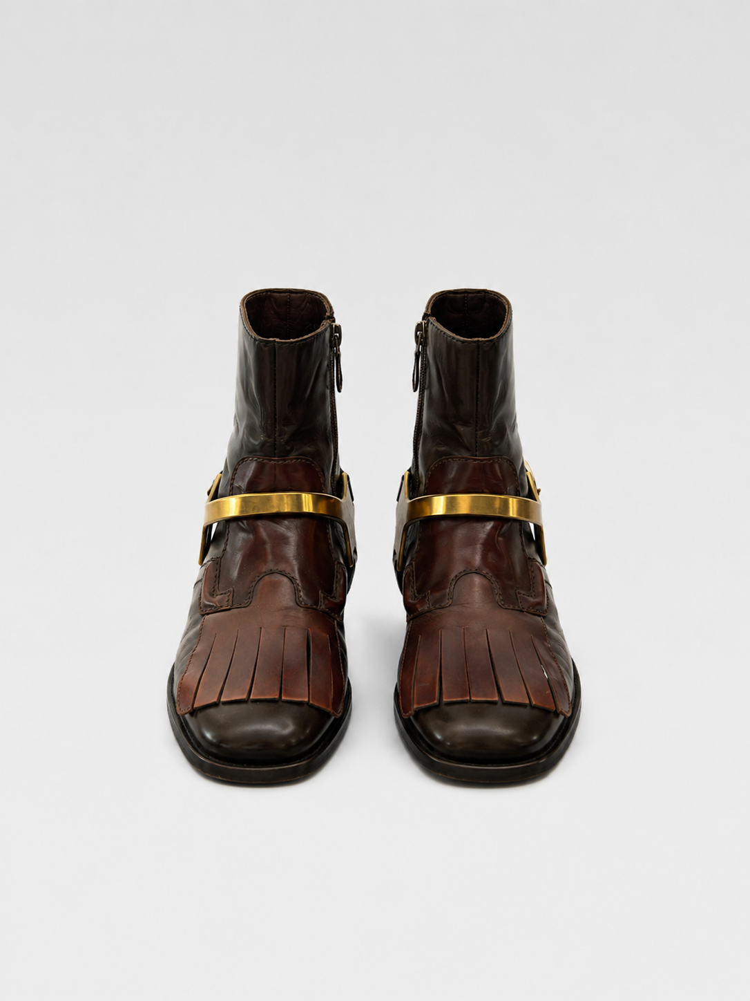 Prada Men’s Archive Fringe Harness Chelsea Boots – Rare Dark Brown Leather & Gold Hardware Combat Boots