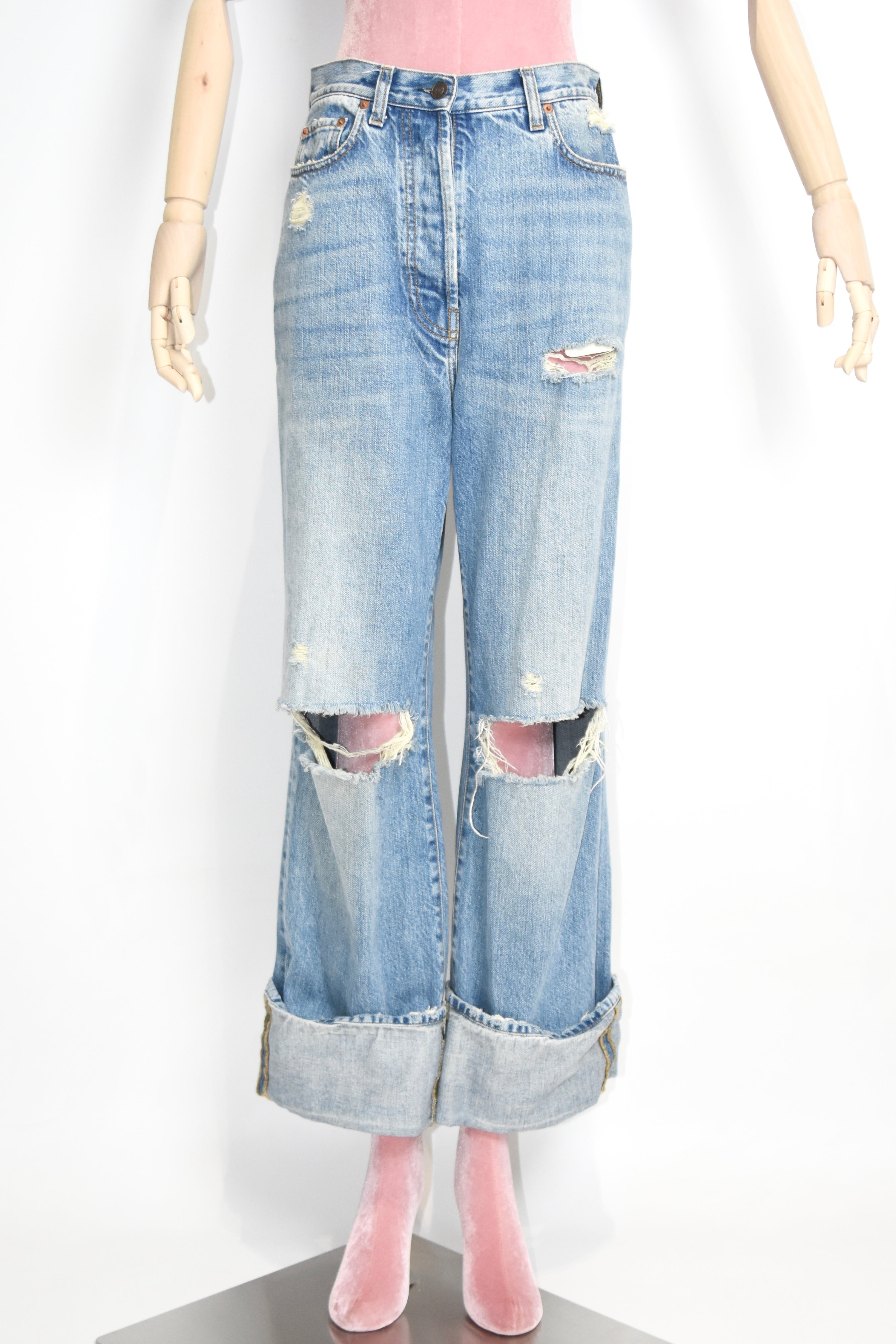 Gucci Distressed Flared Denim Jeans – Light Wash High Waist Destroyed Bootcut Pants