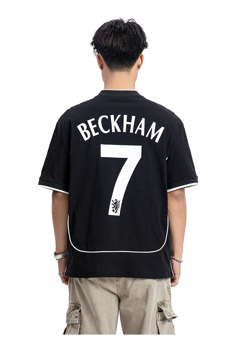 White and Black Trendy No.7 Beckham Print Football jersey loose short sleeve T-Shirt Top