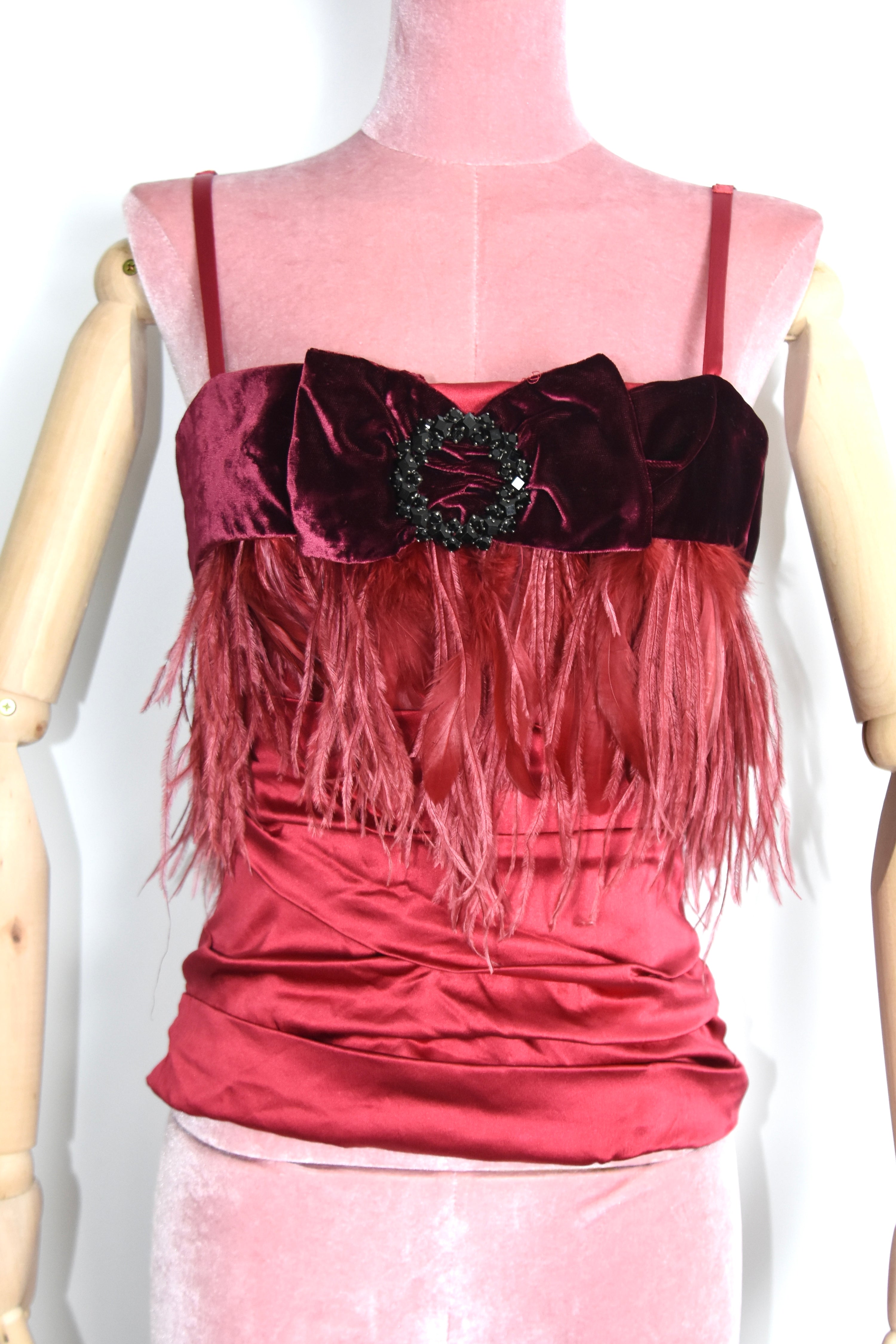 Dolce & Gabbana F/W 2002 Burgundy Velvet Ostrich Feather Corset