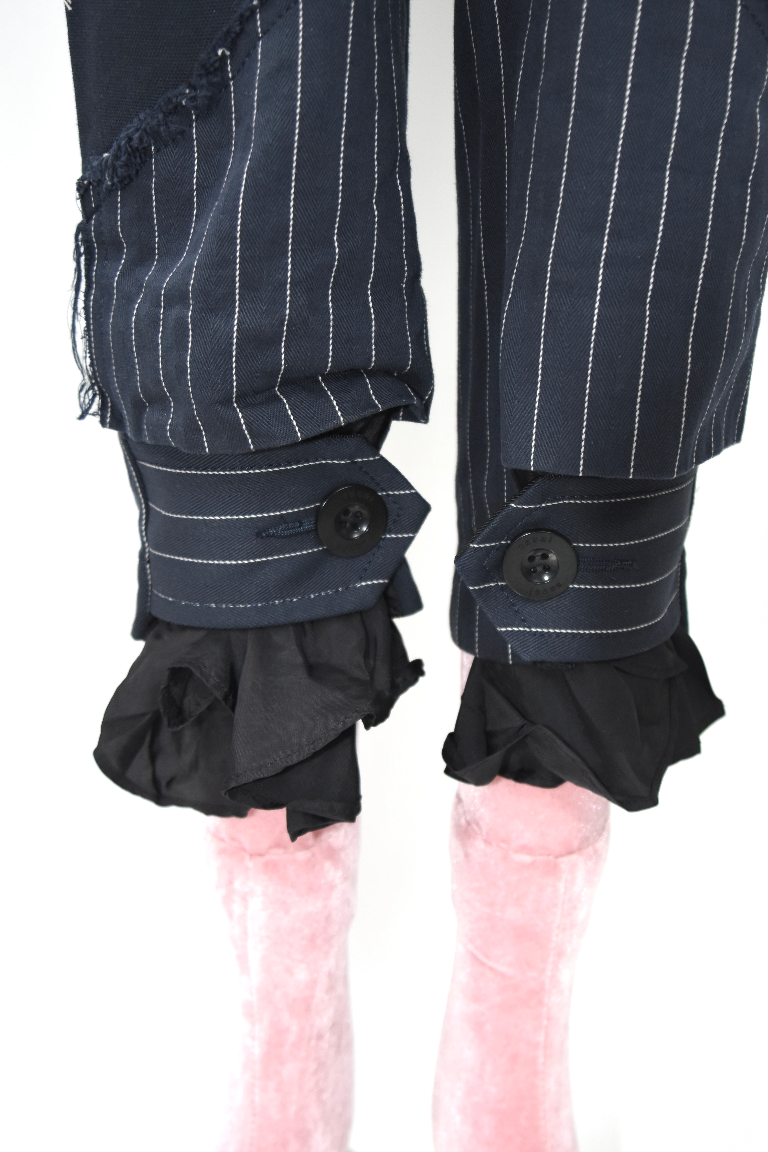 SACAI Hybrid Pinstripe Panel Deconstructed Pants – Model 18-03791 – Size 0 (Runway Construction / Japan Made)