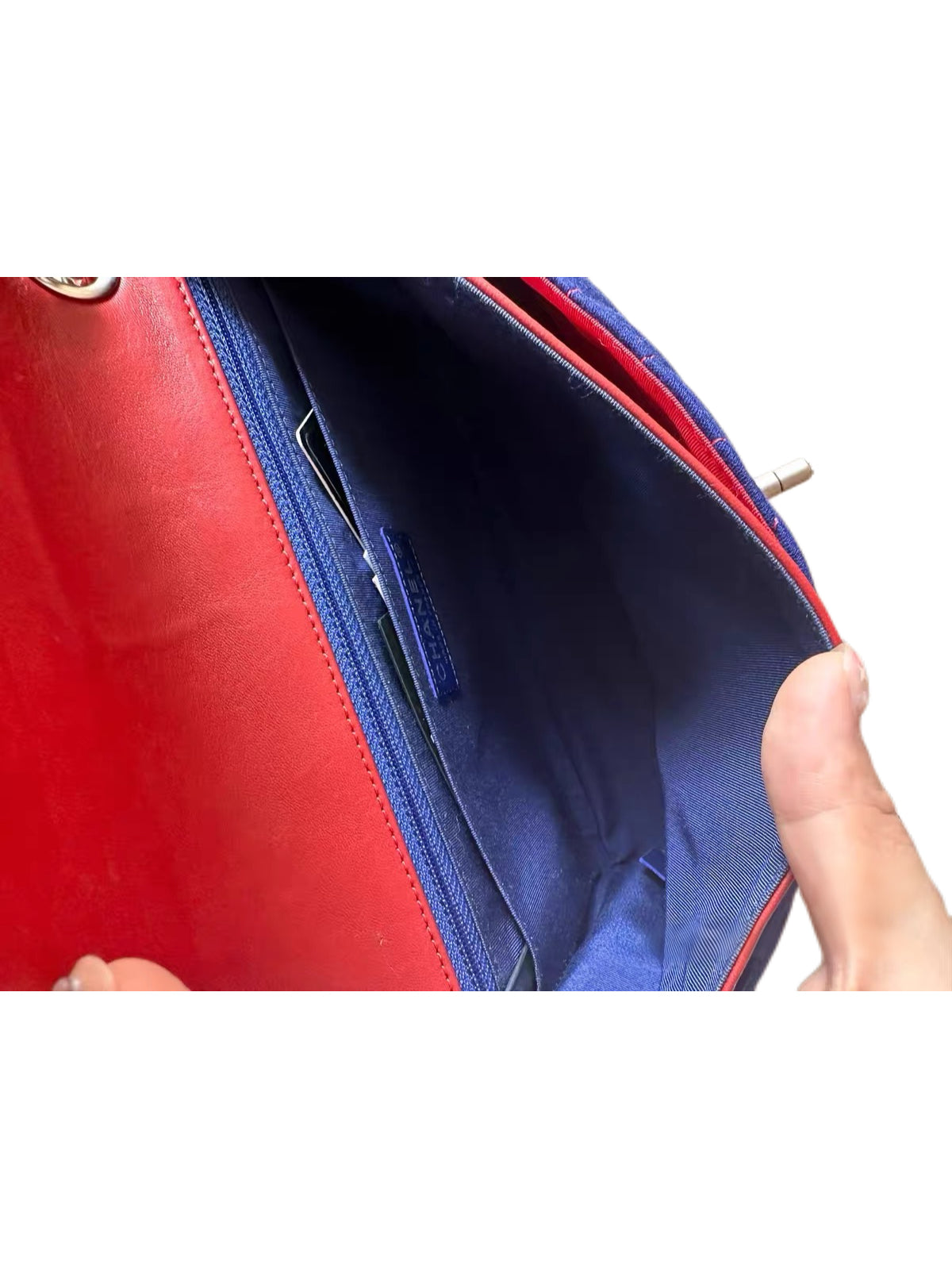 CHANEL Rare Lion Head Quilted Fabric Chain Shoulder Bag — Blue & Red