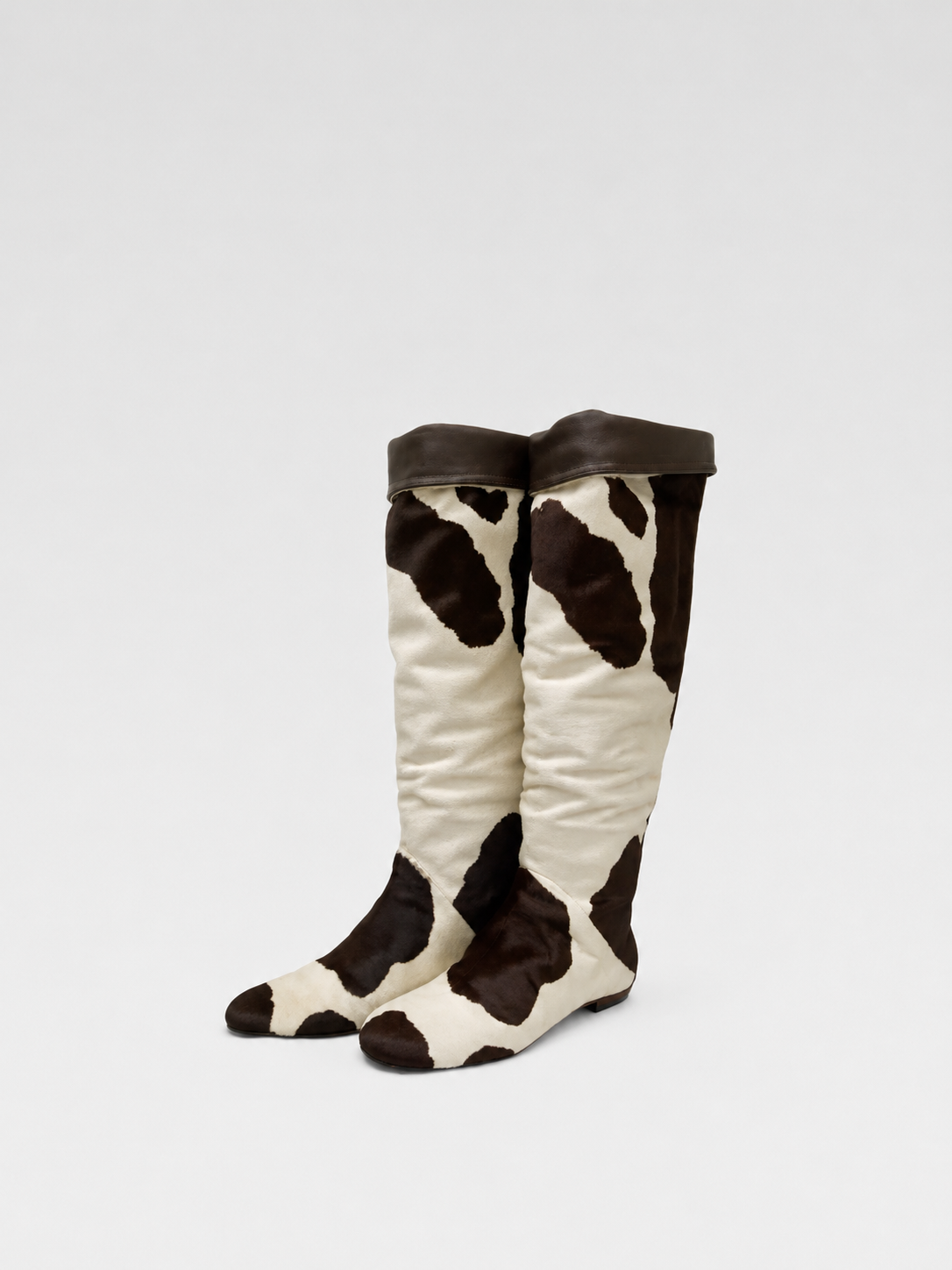 Giuseppe Zanotti Cow Print Pony Hair Knee-High Boots Cream Brown Leather Trim Archive Statement Boots