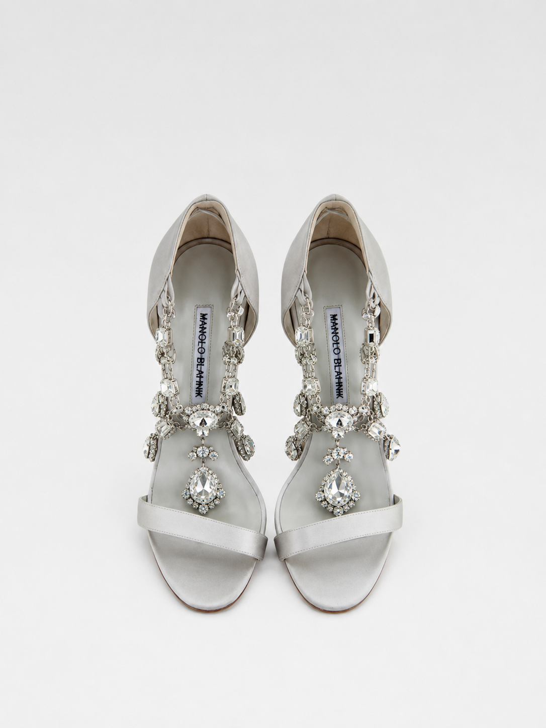 Manolo Blahnik Silver Satin Crystal Heels Rare Rhinestone Evening Sandals 38