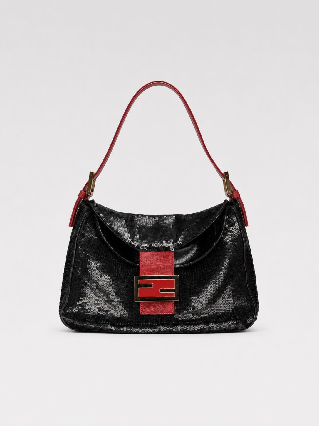 Fendi Vintage Black Sequin Baguette Bag – Red Leather Strap FF Logo Limited Edition Shoulder Bag