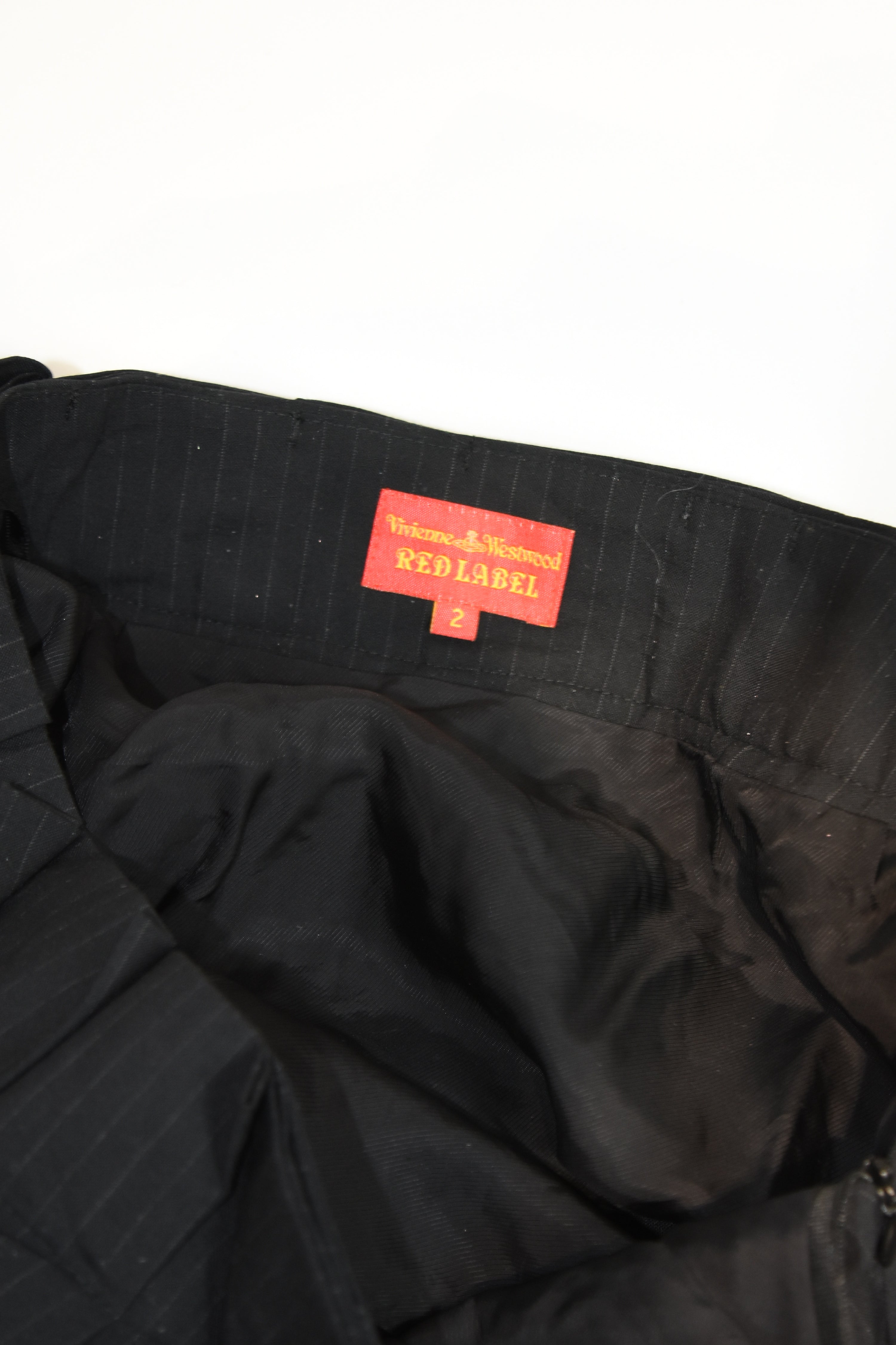 Vivienne Westwood Red Label Asymmetric Pleated Mini Skirt – Black Pinstripe Draped Archive Piece