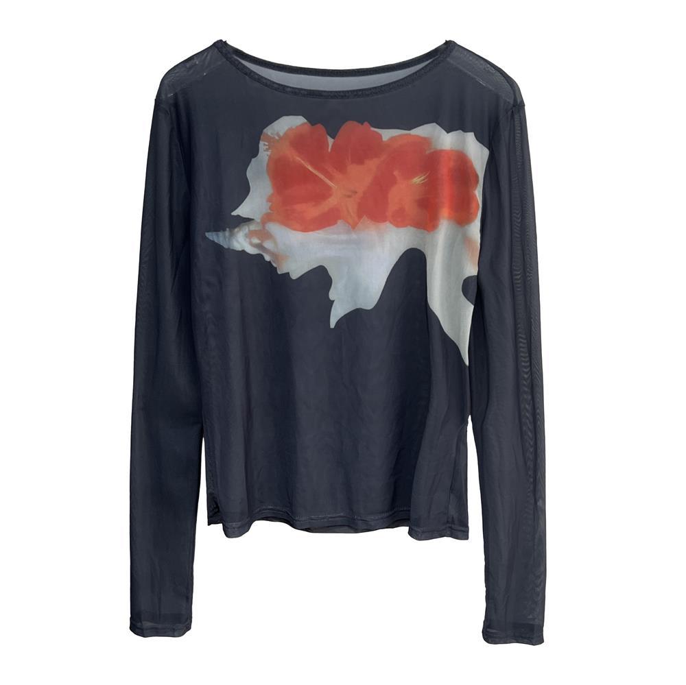 Gradient Long Sleeve t Women's T-shirt Semi-Sheer Mesh Blouse