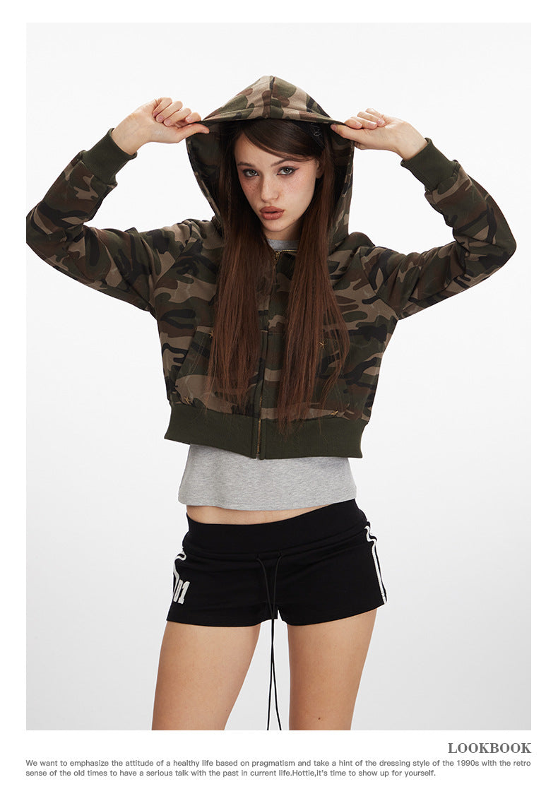 Camouflage short hot girl hooded sweatshirt for women2025Spring and Autumn Zipper Retro Cardigan Jacket