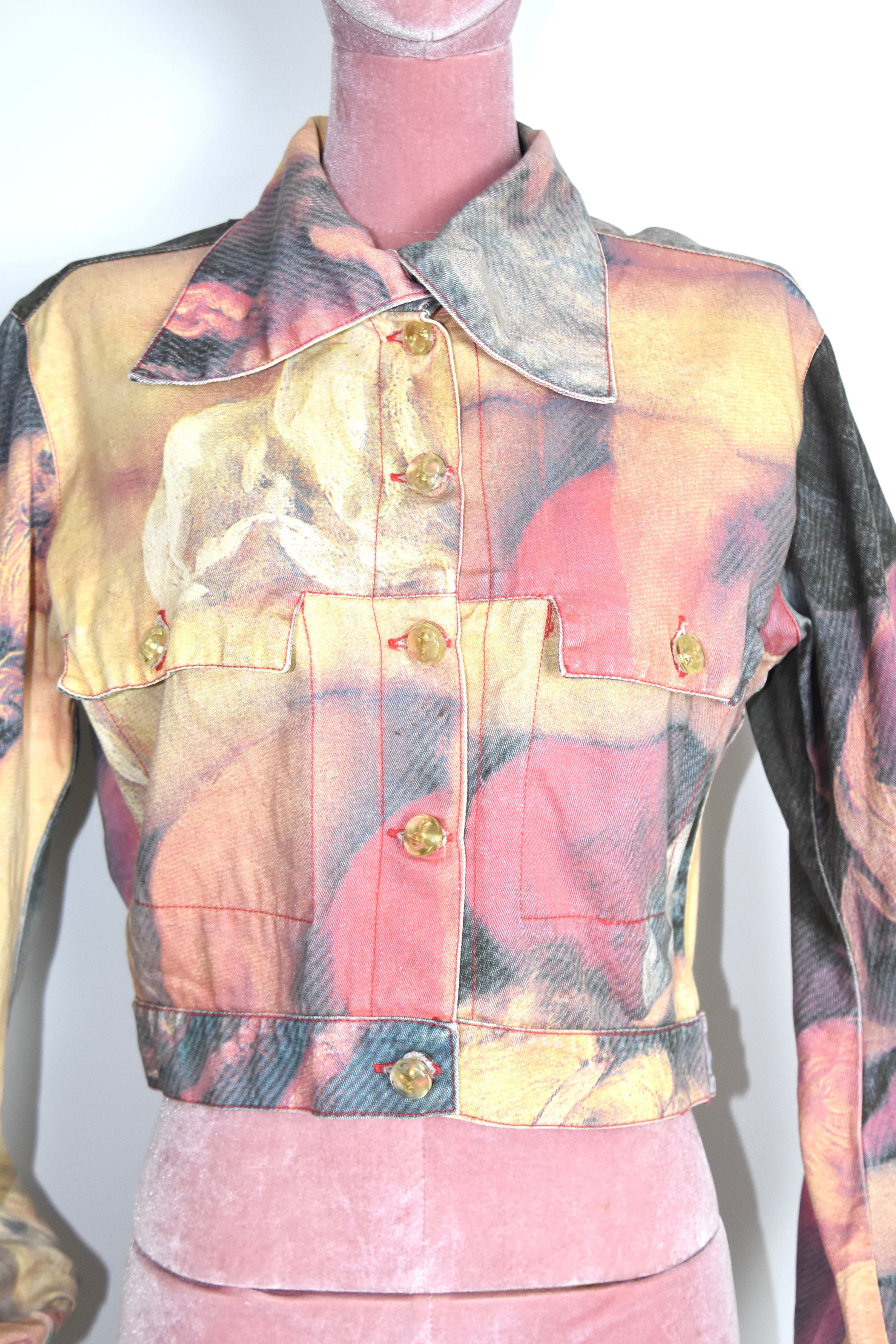 Vivienne Westwood Renaissance Print Cropped Denim Jacket (Baroque Eroticism in Subversive Tailoring)