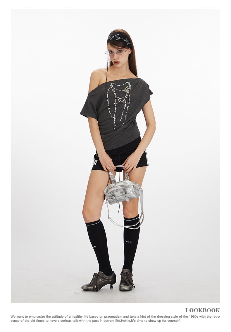 Off-shoulder design one-shoulder spicy short style T-shirt 2025 New summer short-sleeved off-shoulder top for women