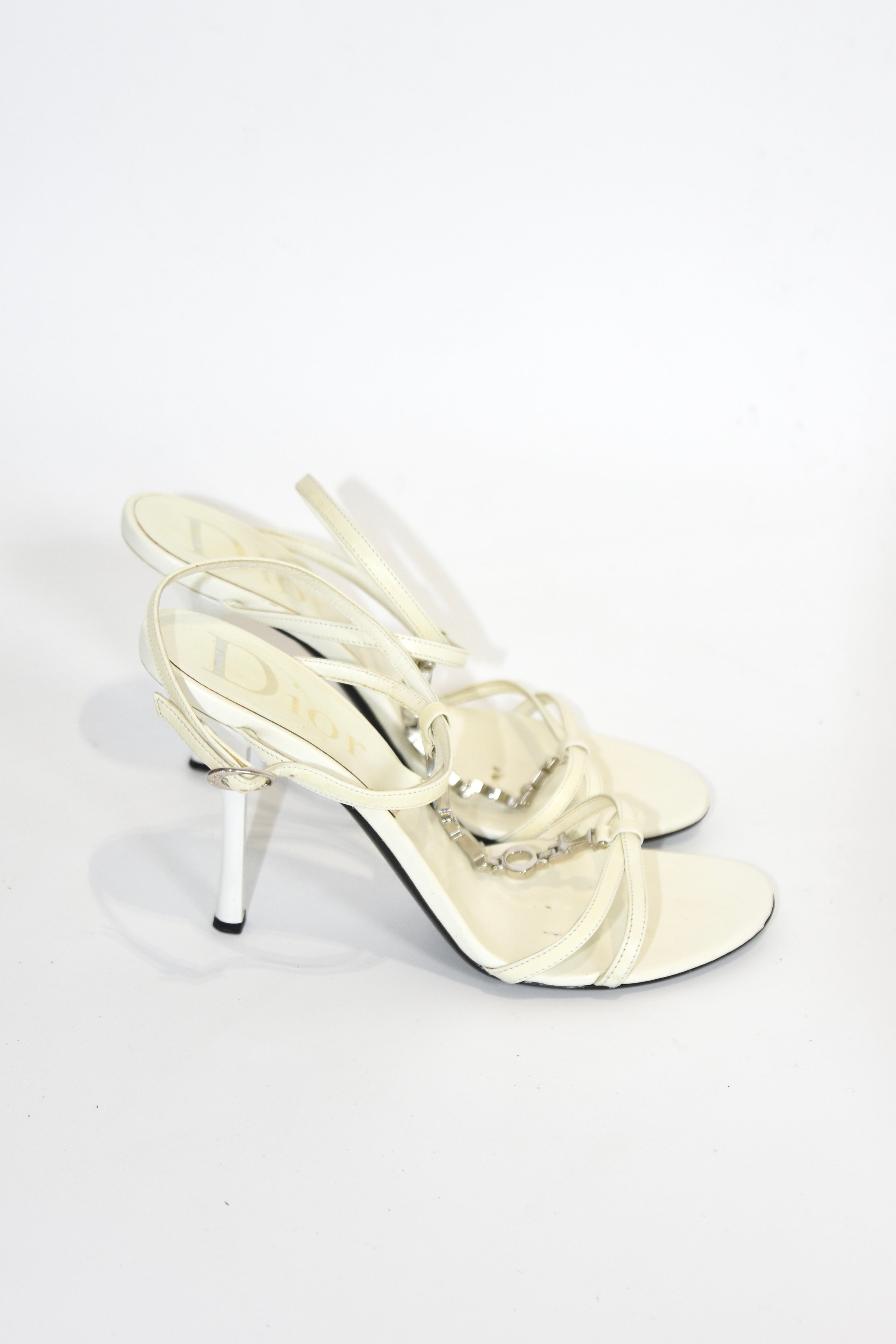 Christian Dior by John Galliano D-I-O-R Charm Strap Heeled Sandals – Vintage White Leather Designer Heels