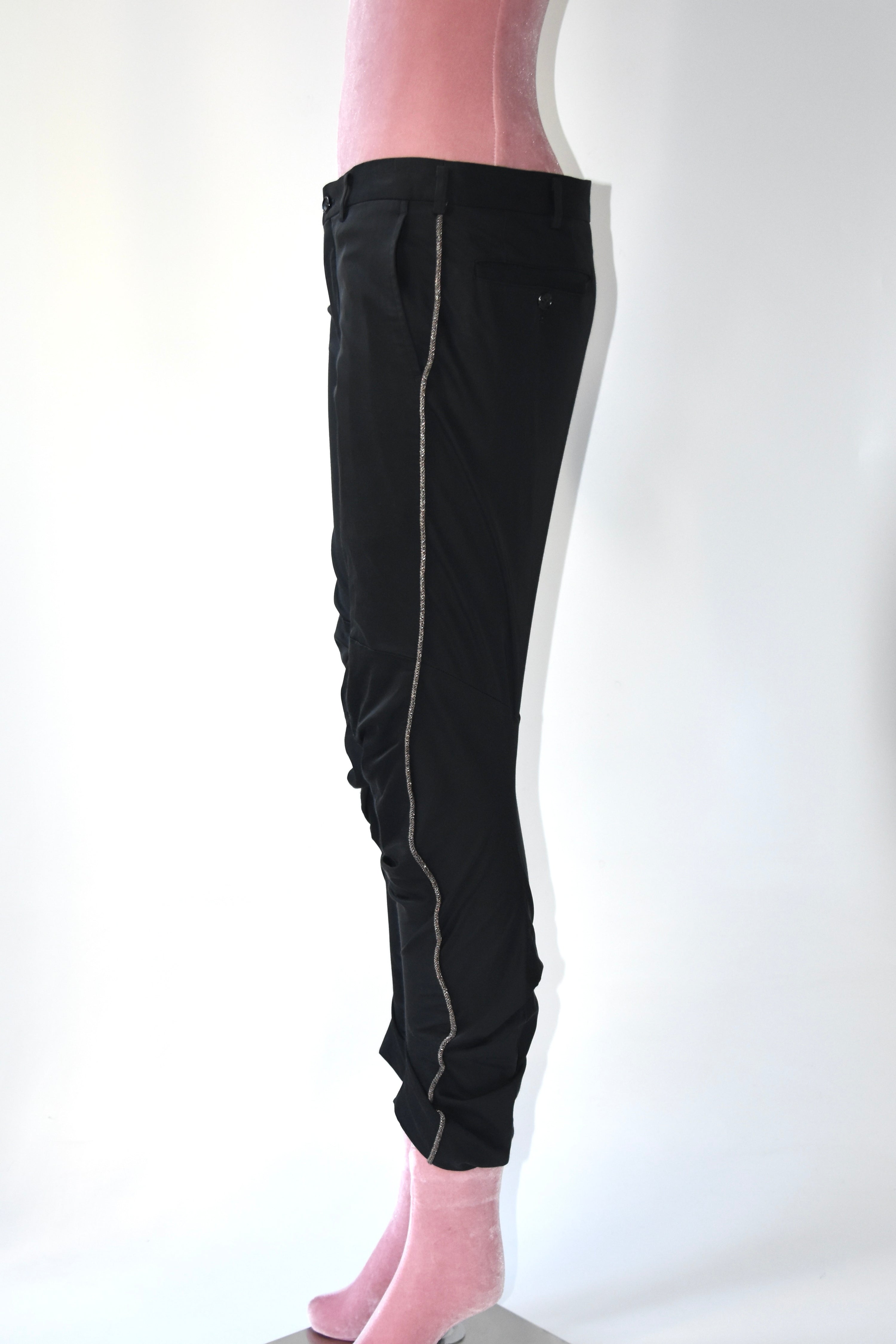 Comme des Garçons AD2010 Twisted Tailored Cropped Pants – Black Sculptural Gold-Trim Vintage Trousers