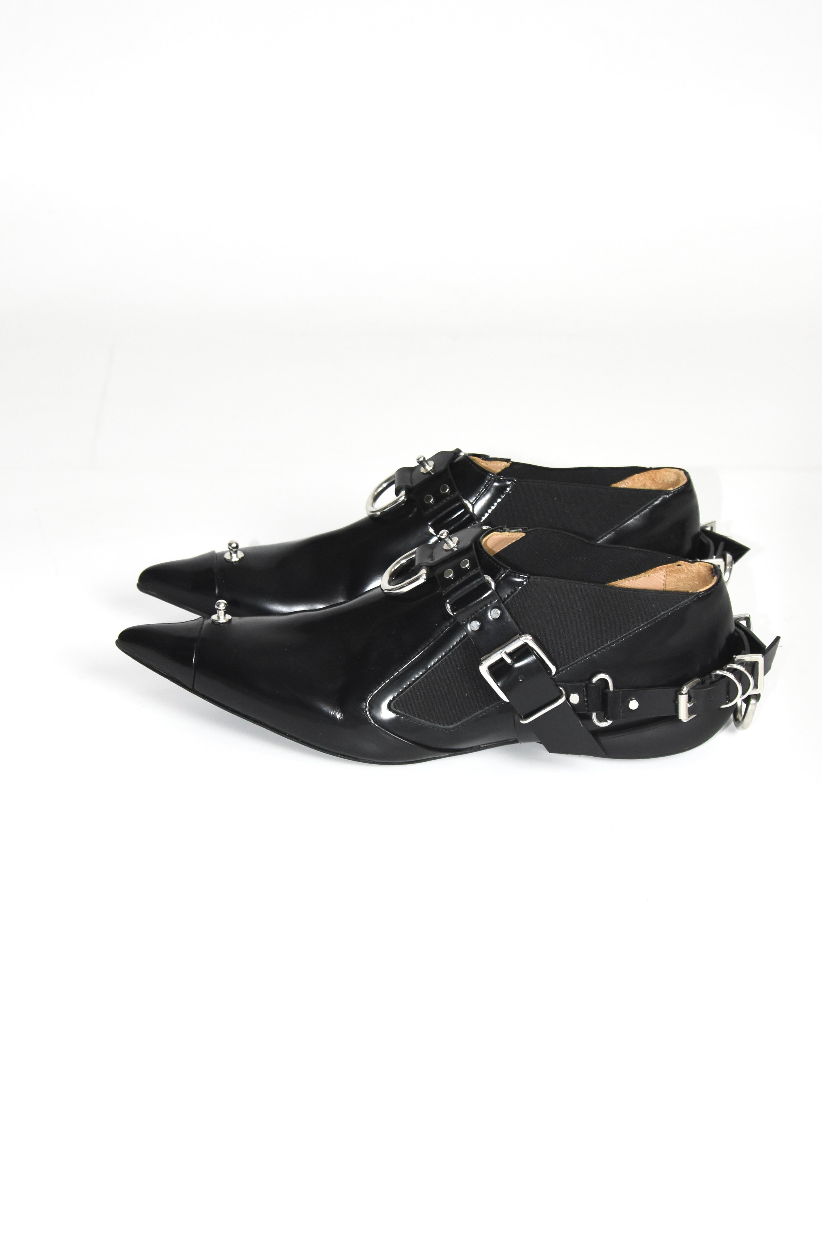 13 09 SR Black Punk Harness Leather Shoes – Metal Hardware Strap Pointed Toe Derby