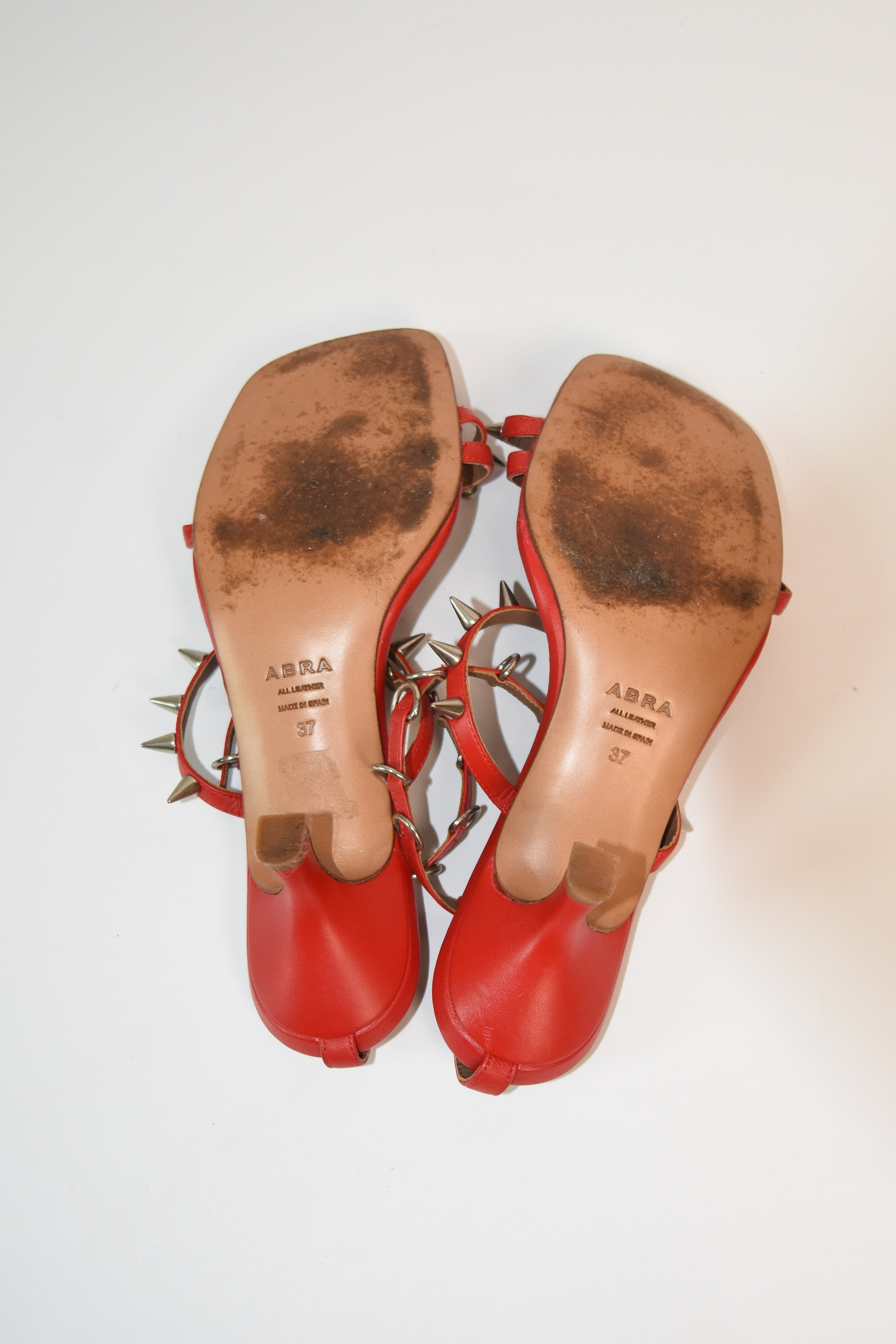 ABRA Spike-Strap Red Kitten Heel Sandals – Size 37 w/ Dust Bag & Box (Archive Minimalist)