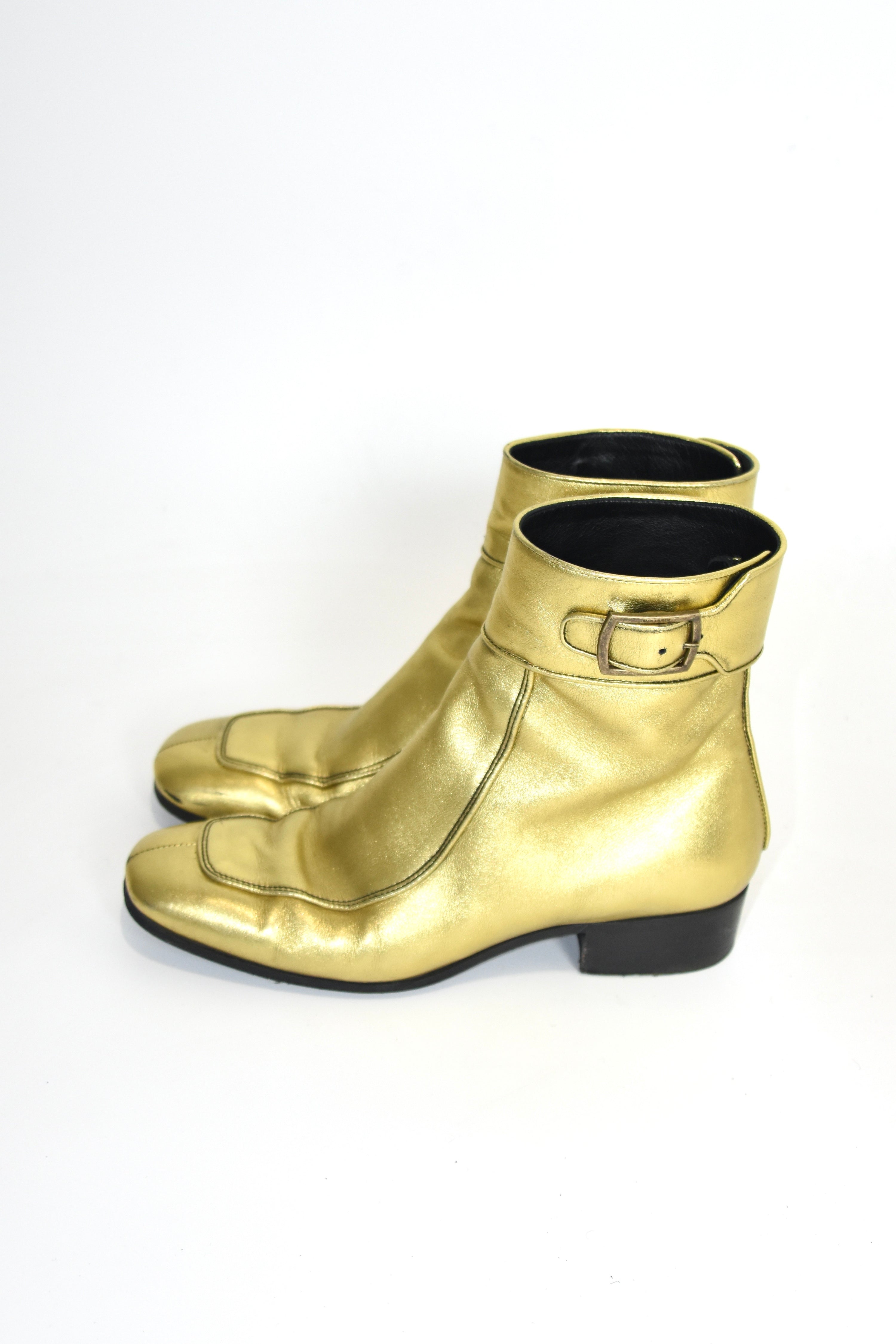 Saint Laurent Gold Sculpted Leather Ankle Boots