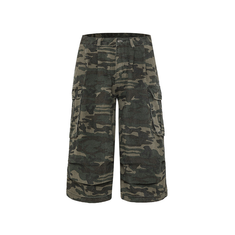 Retro Loose Camouflage Capri Pants American Style Casual Jeans for Men and Women High Street