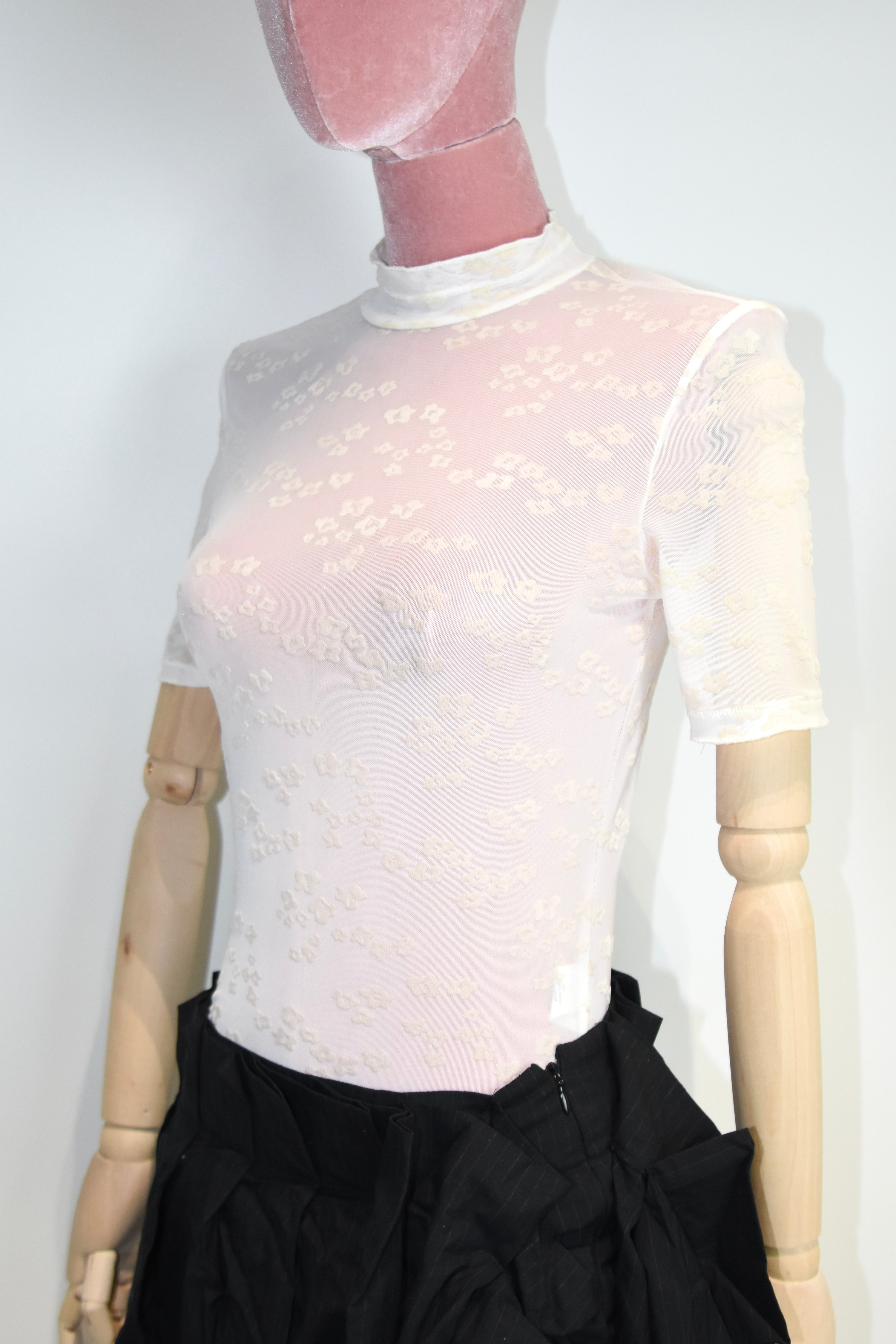 Opening Ceremony Sheer Floral Flocked Mesh T-Shirt – Cream Mock Neck Stretch Top