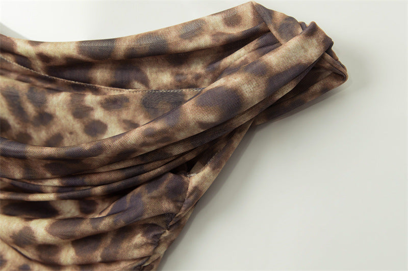 Irregular Asymmetrical Neck Hot Girl Ruched Tank Top Leopard Print Sexy Top for Women