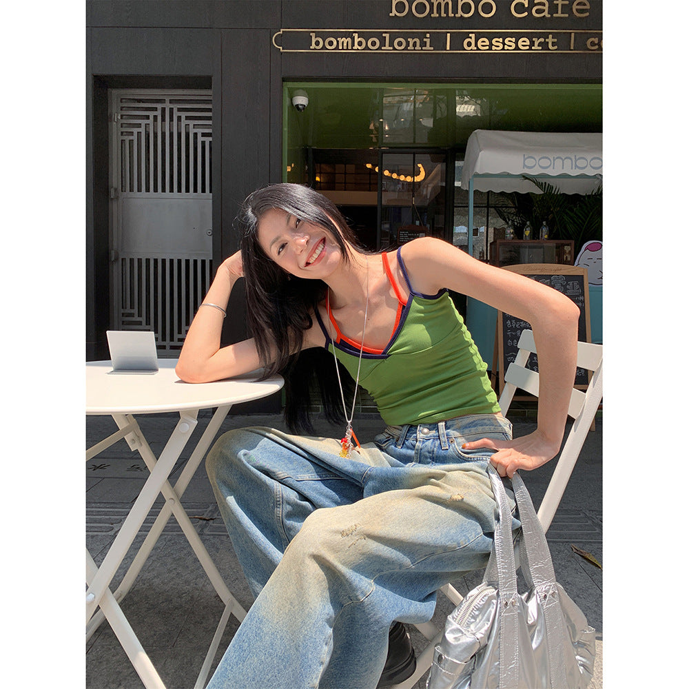 Fake Two-Piece Camisole Summer Color Block Vest Top for Women
