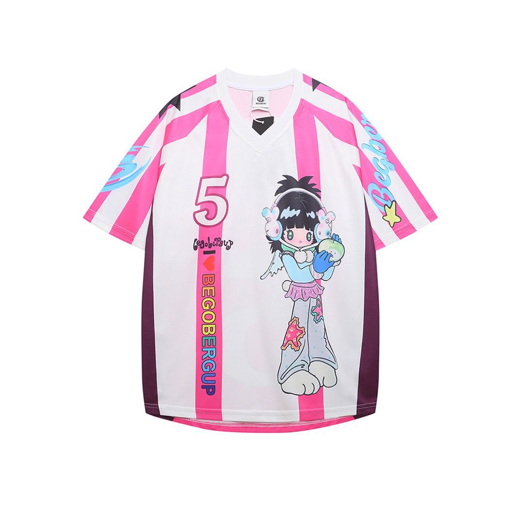 Y2K Cute Football Print Pink and Purple Mesh Breathable Short Sleeve T-shirt