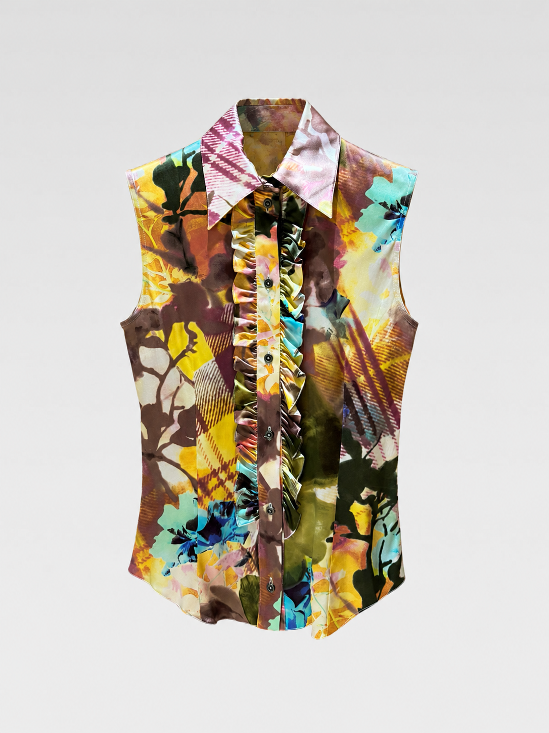 Christian Dior by John Galliano FW2001 Abstract Floral Print Silk Ruffle Sleeveless Blouse