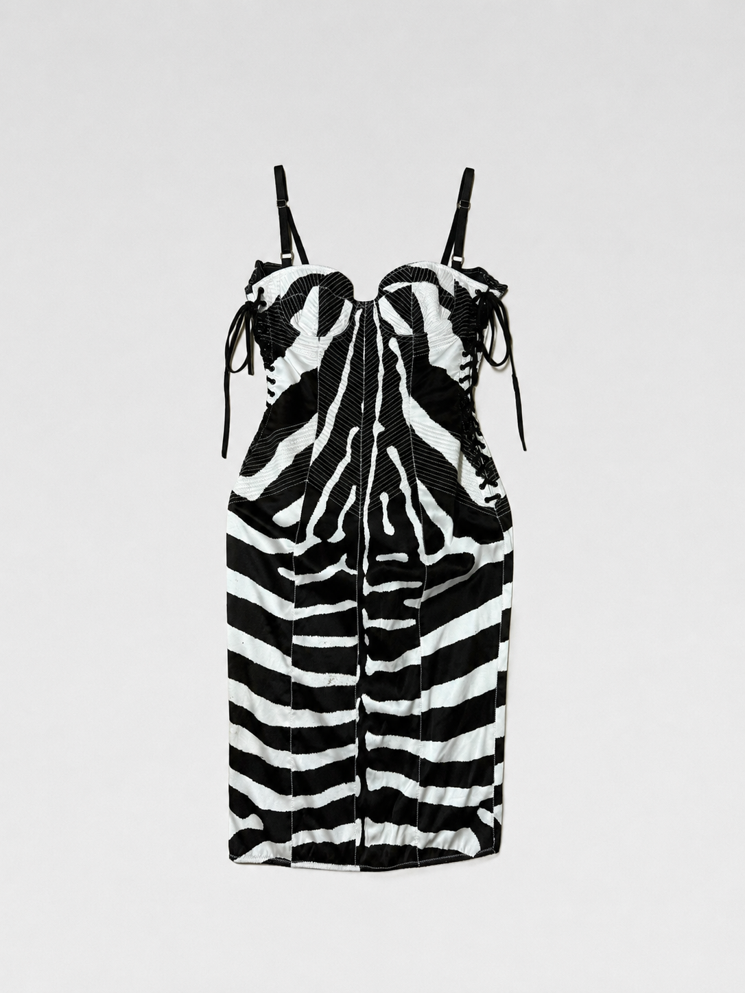 Dolce & Gabbana 2005 Black & White Zebra Print Silk Corset Lace-Up Slip Dress
